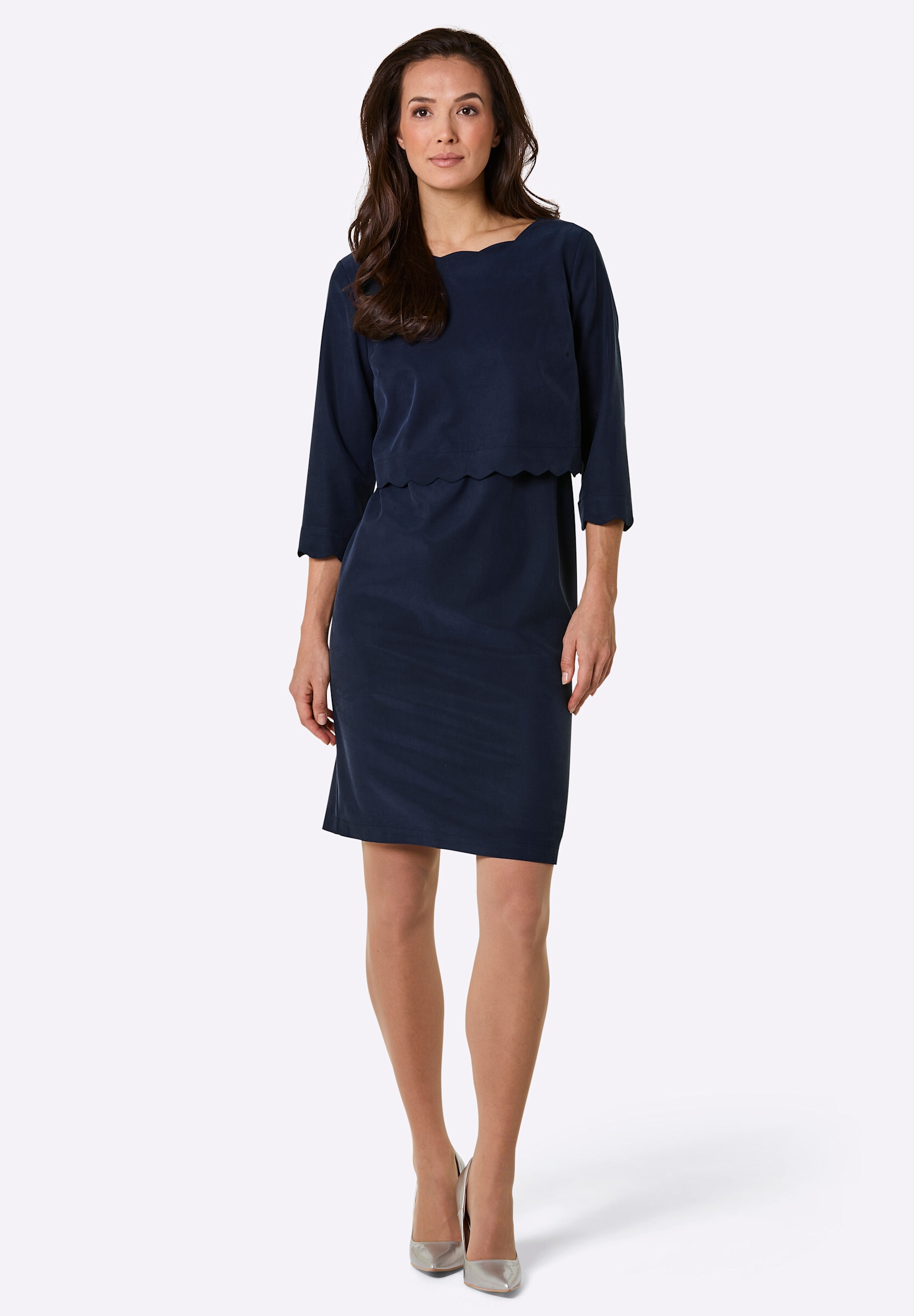 creation L Jerseykleid »Lyocell-Mix-Kleid Etuikleid in 2-in-1-Optik, gewellte Abschlüsse« Ohne Taschen