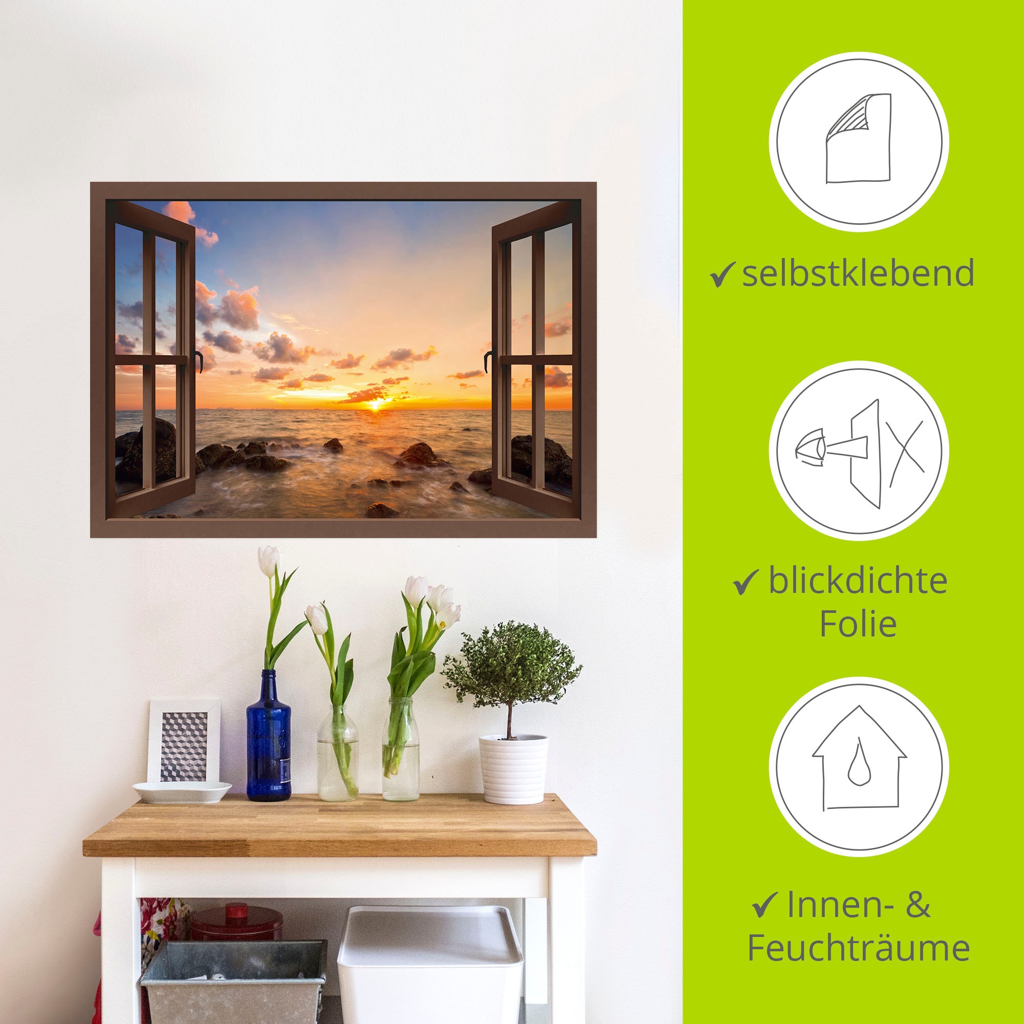 Artland Wandbild »Fensterblick Sonnenuntergang am Meer«, Fensterblick, (1 St.), als Alubild, Outdoorbild, Leinwandbild, Poster, Wandaufkleber