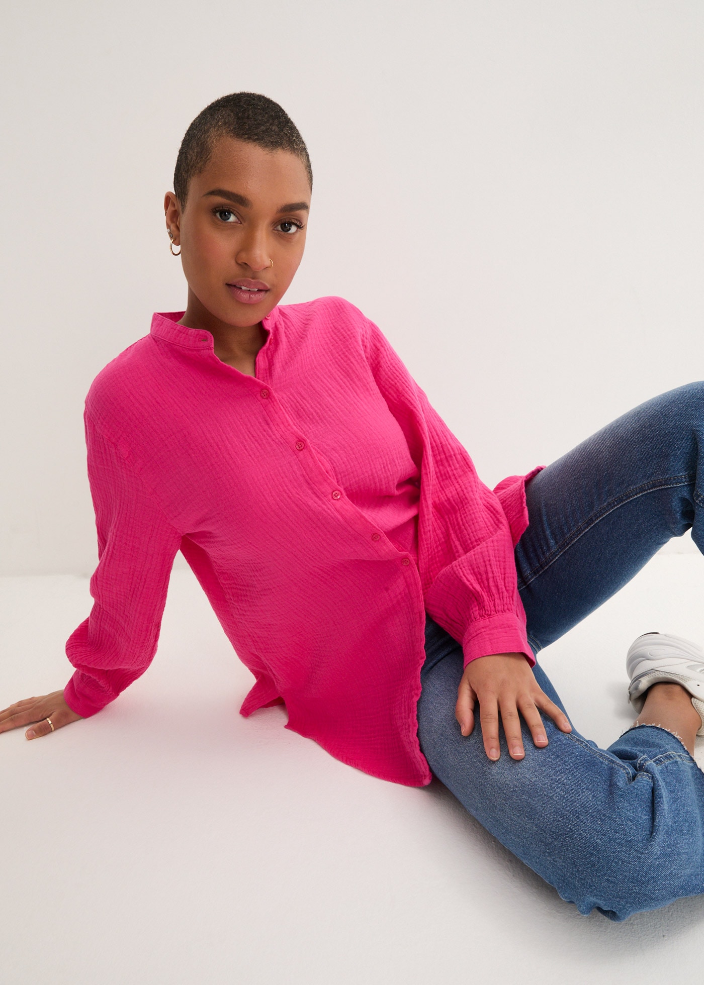 bonprix Langarmbluse »Musselin-Longbluse aus Baumwolle« Oversize-Passform, mit Seitenschlitzen, aus Musselin