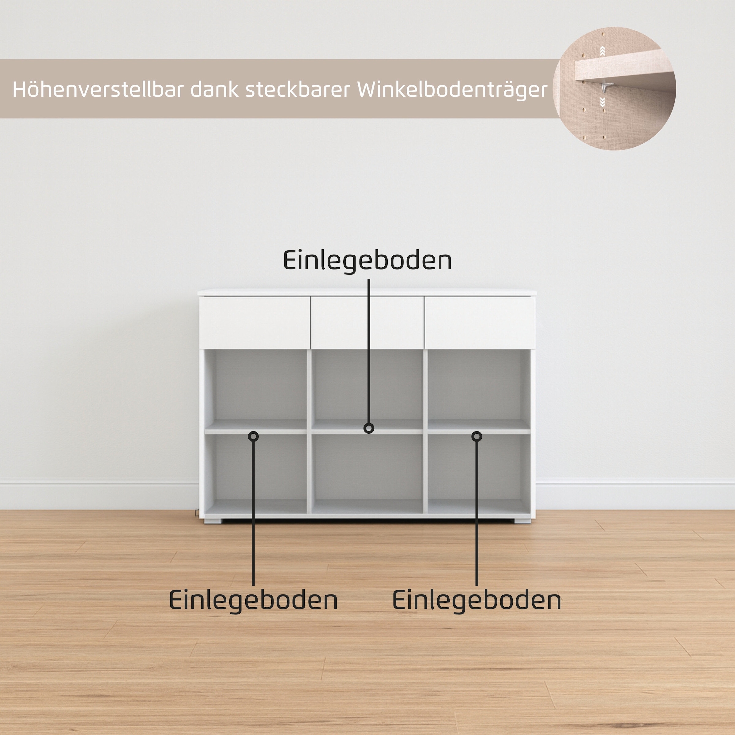 OTTO home Kombikommode »Kommode Sideboard Schubladenkommode Schlafzimmerkommode CORTONA« Breite 120 cm inkl. SOFT-CLOSE-FUNKTION, mit moderner Dekor-Front,  mit 3 Schubladen und 3 verstellbaren Einlegeboden MADE IN GERMANY