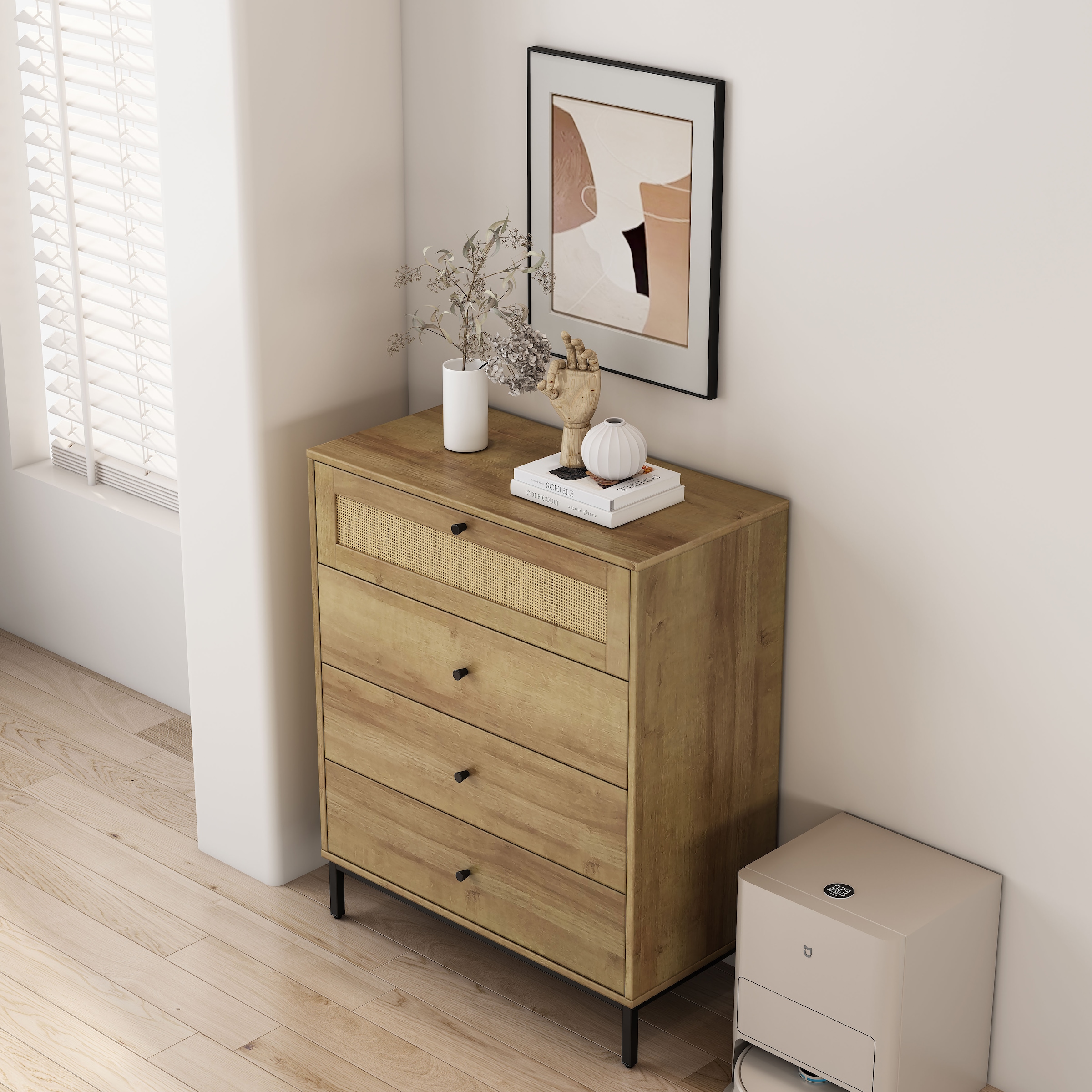 OTTO home Kombikommode »Motala Sideboard Wäscheschrank im BOHO Design Bestseller Kommode« Eichen-Design mit Geflecht Schublade und schwarzen Griffen,  Schrank Schlafzimmer mit 4 Schubladen hochwertig