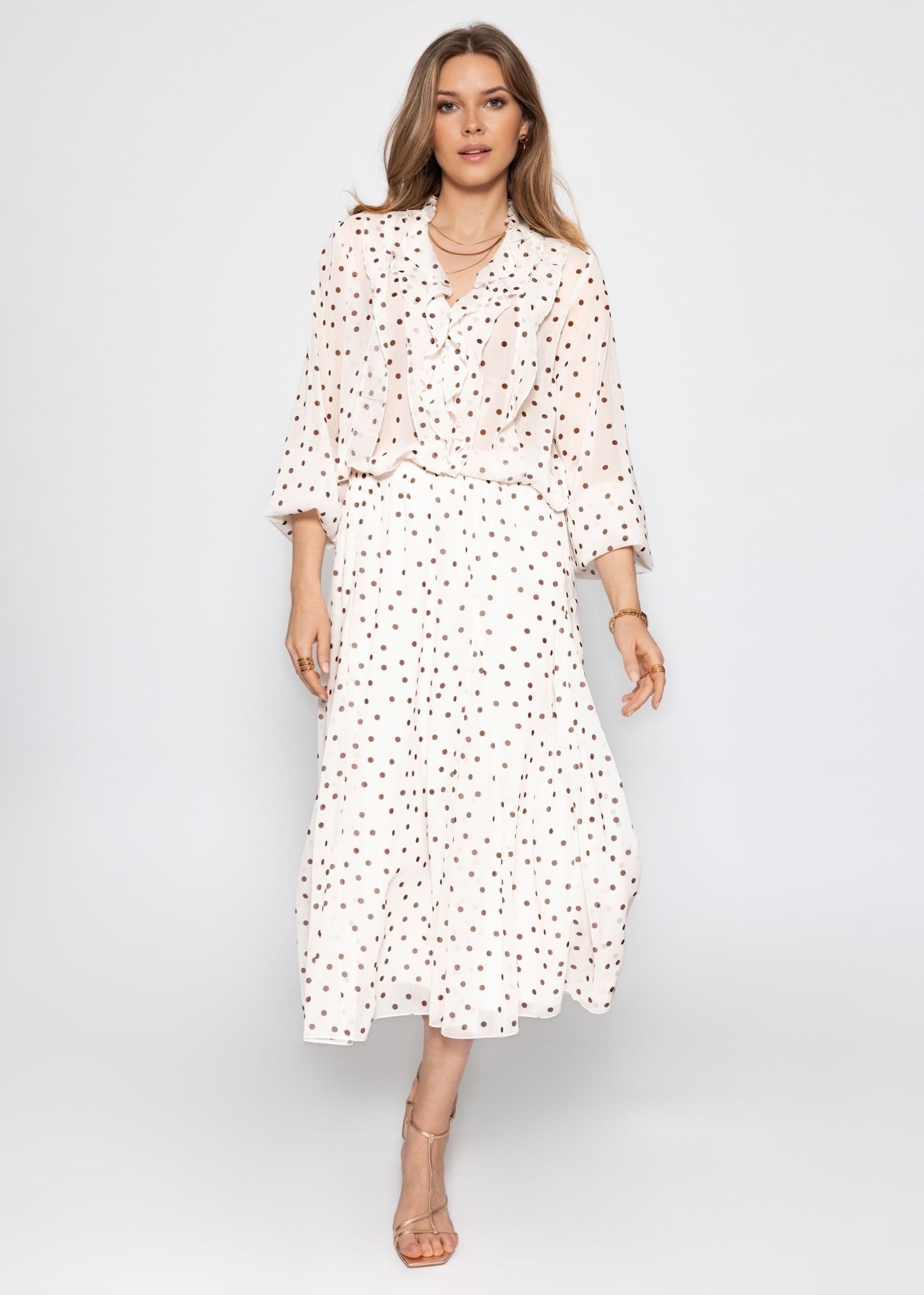 SASSYCLASSY Chiffonbluse »Chiffon Bluse mit Volants und Punktemuster« Leichte Bluse mit braunem Punktemuster und locker fallendem Schnitt