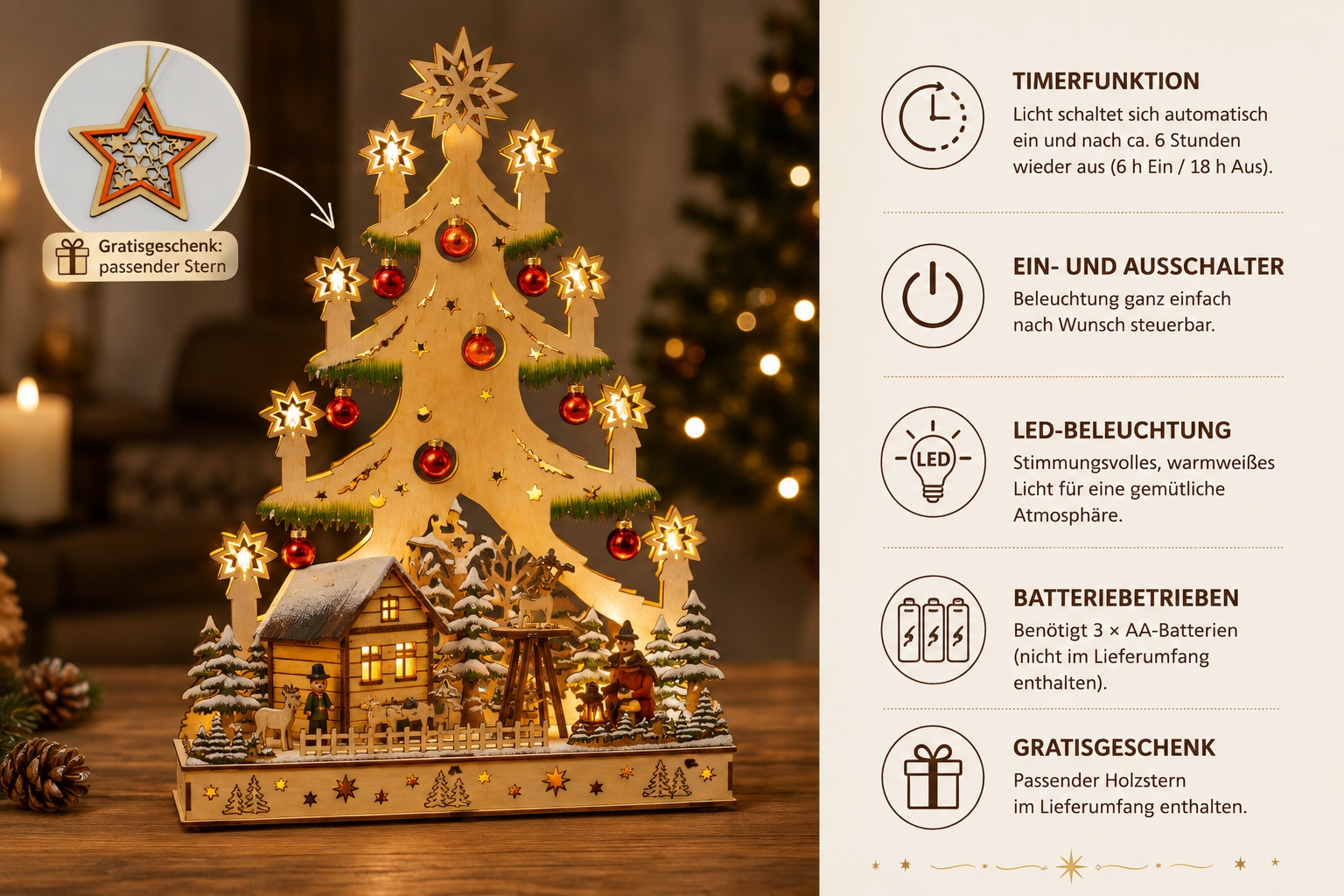 OTTO home Weihnachtsszene »Fensterdeko Baum mit Dorf, roten Glaskugeln und LED-Beleuchtung« LED-Lichtbaum, Zeitschaltuhr, mit roten echten Glaskugeln verziert