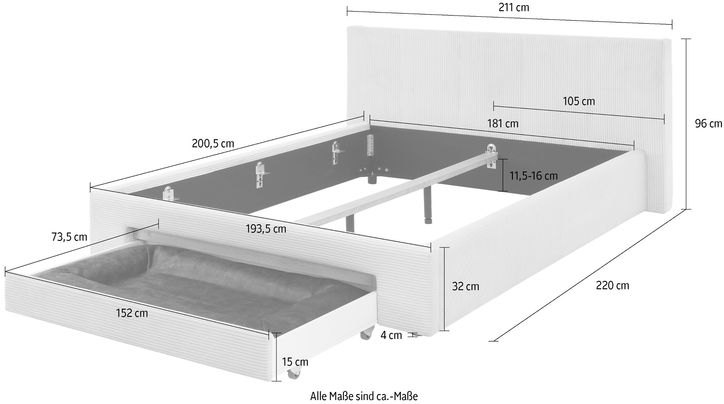 INOSIGN Polsterbett »CiTY/GiRON, Bettgestell mit Bettkasten, gepolstertes Stauraumbett«, mit Hundebett oder Stauraumschublade, Bezug Cord-oder Leinenoptik