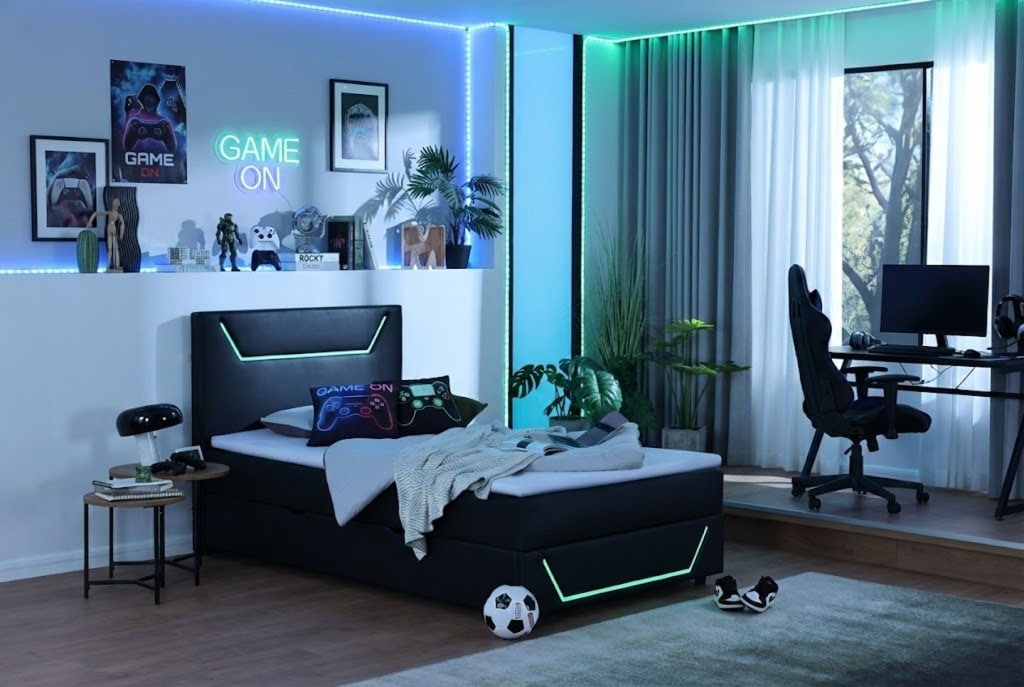 Home affaire Boxbett »GALAXY inkl. Bettkasten, mit grüner LED-Beleuchtung, Breite: 120cm« Gamingbett mit Kunstlederbezug in schwarz, inkl. Topper