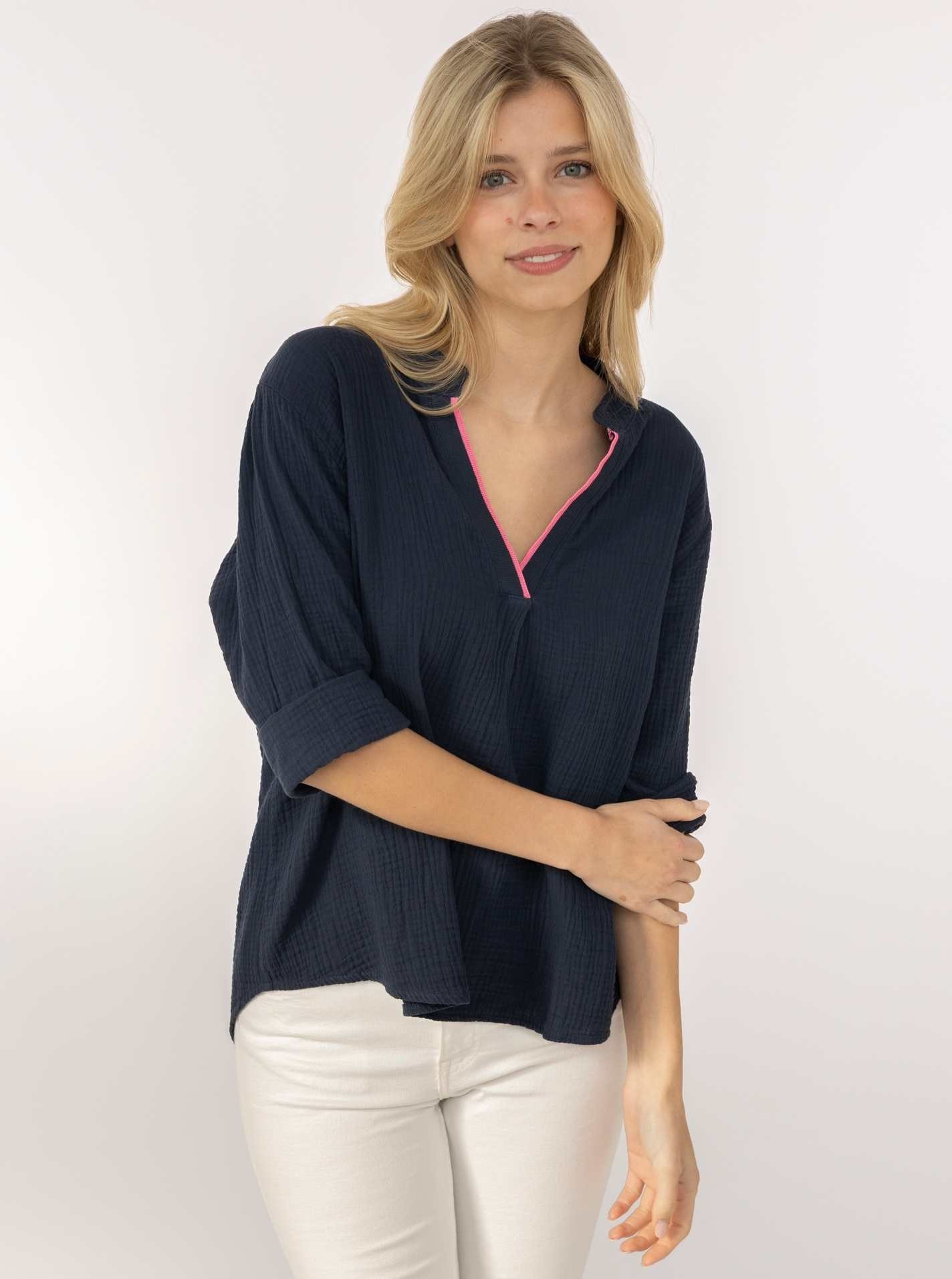 Zwillingsherz Schlupfbluse »"Neon Kante"« Musselin, eingefasster V-Neck in Neon, 3/4 Arm, hinten leicht länger
