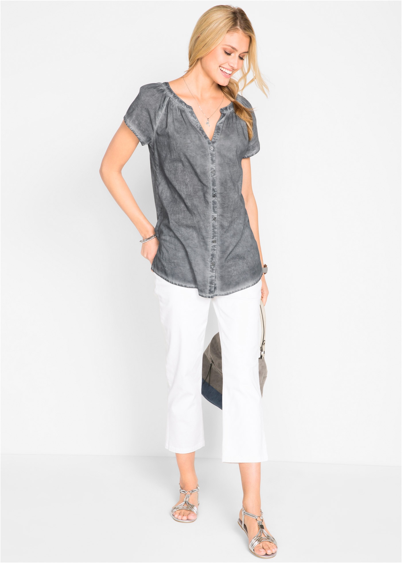 bonprix Kurzarmbluse gerade Passform, A-förmiger Schnitt, aus reiner Baumwolle