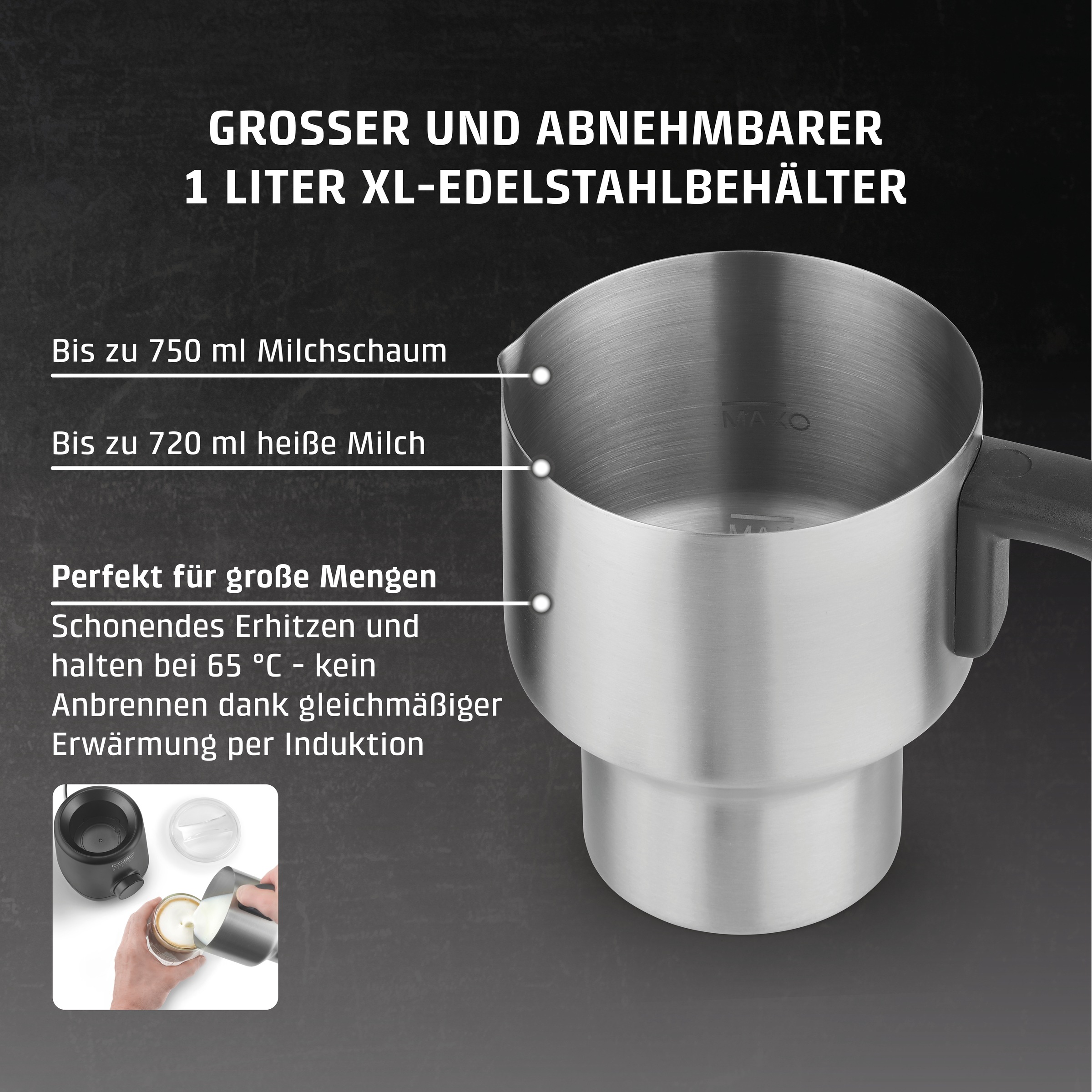 Caso Milchaufschäumer »1667 PremiumLatte XL« 550 W Induktionstechnologie: Kein Anbrennen,präzise und gleichmäßige Erwärmung Milchschaumbehälter, Deckel und Rühreinsatz spülmaschinengeeignet