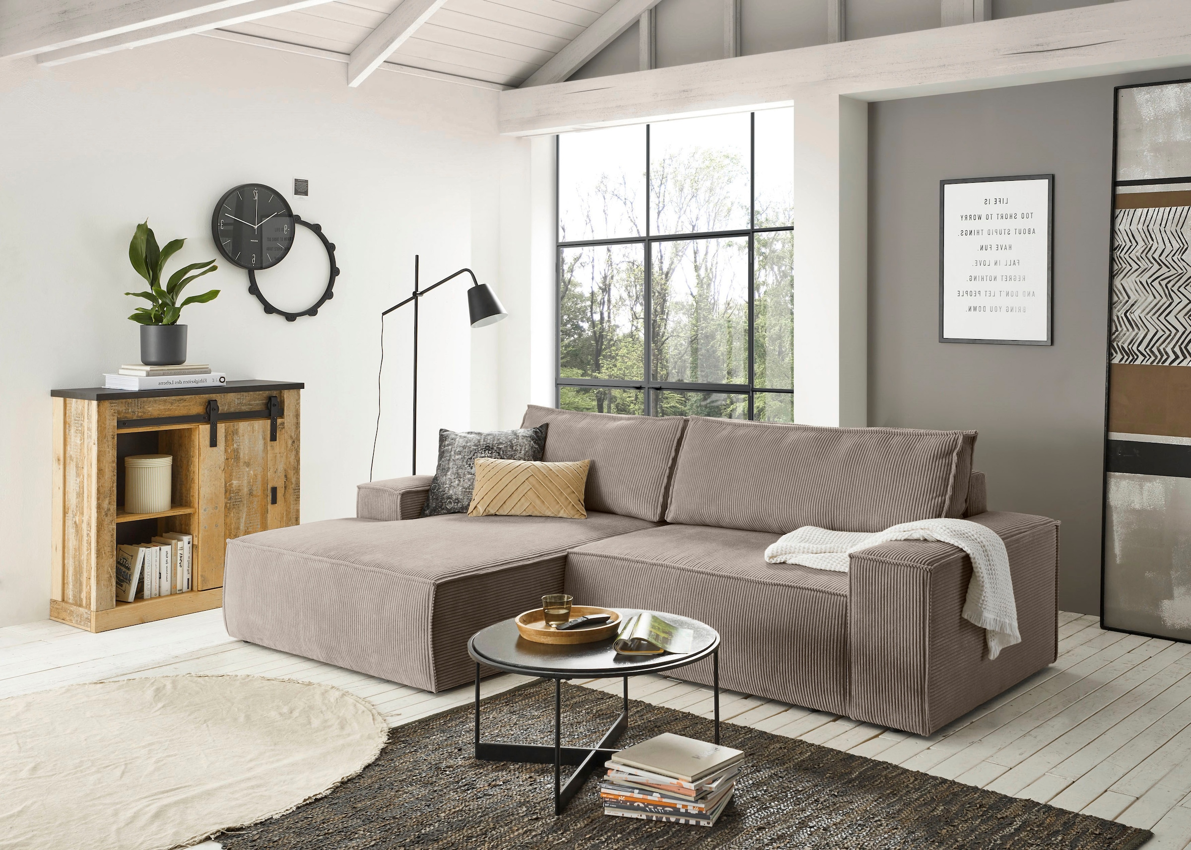 Home affaire Ecksofa »SHERWOOD Schlafsofa 267 cm, L-Form,«, Schlaffunktion mit Bettkasten (210x136 cm), Cord, Vintage, Samtvelours