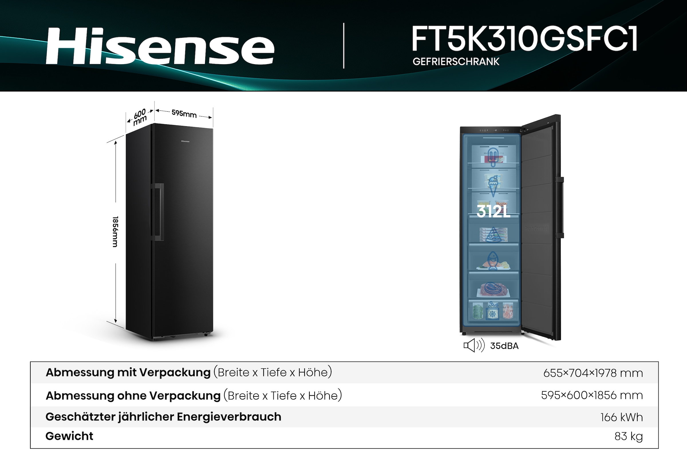 Hisense Gefrierschrank »FT5K310GSFC1« 185,6 cm hoch 59,5 cm breit KitchenFit