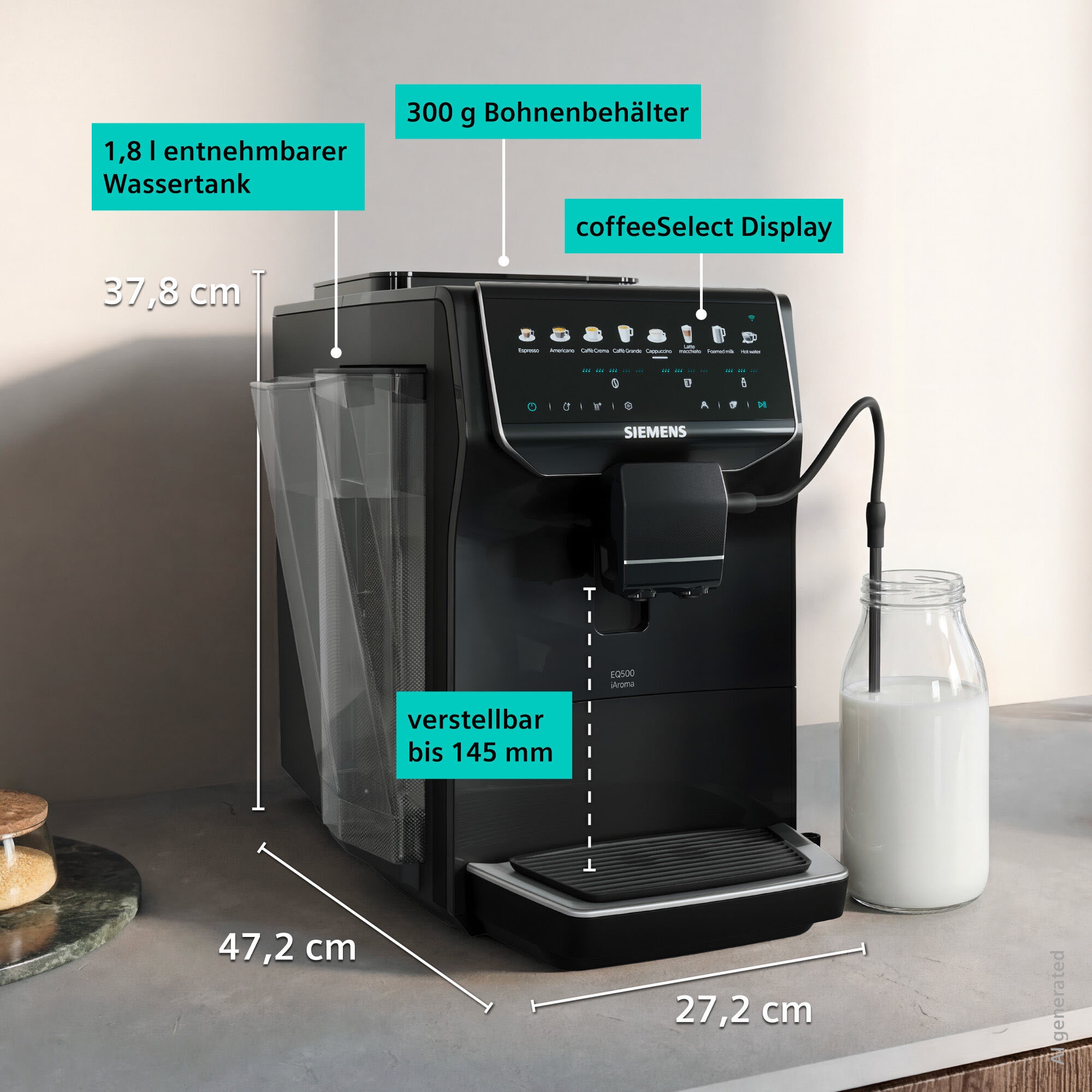 SIEMENS Kaffeevollautomat »EQ500 TP553E09, Doppeltassenfunktion, 8 Getränke, einfache Reinigung« Keramikmahlwerk, entnehmbare Brüheinheit, Steuerung per App, Schwarz