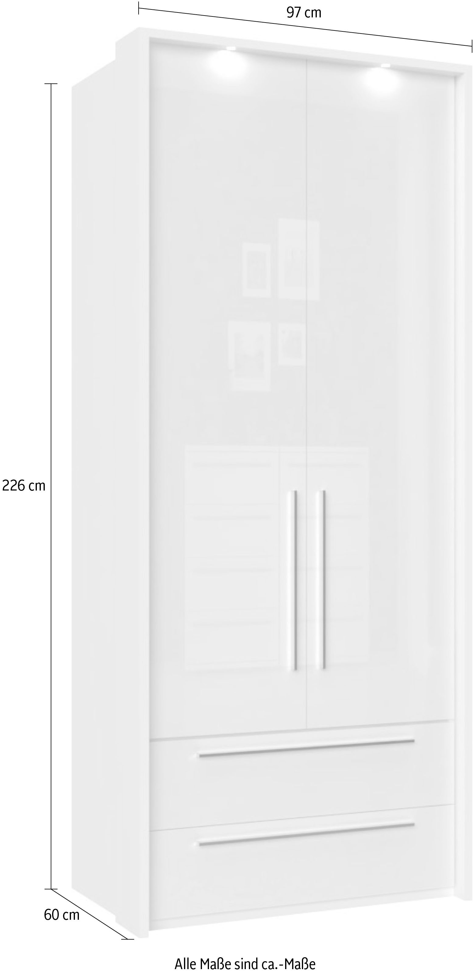 PLACES OF STYLE Drehtürenschrank »Piano, inklusive Rahmen und Beleuchtung, soft-close-Funktion« viele Breiten zur Auswahl, 226cm hoch, mit jeweils 2 Schubladen,  beige oder weiß, UV lackiert, Hochglanzfronten, FSC-zertifiziert