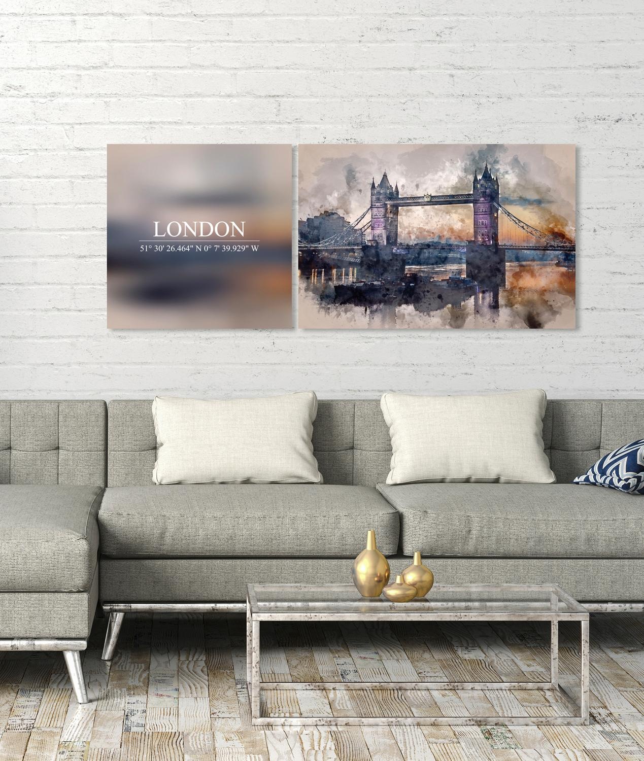 queence Leinwandbild »London«, Elemente der Architektur-London-Kunst-Sprüche-Sprüche & Texte-Schriftzug-Schriftzüge, (Set), Premium-Leinwandstoff, Handarbeit aus Deutschland, Spruch, 2er Set