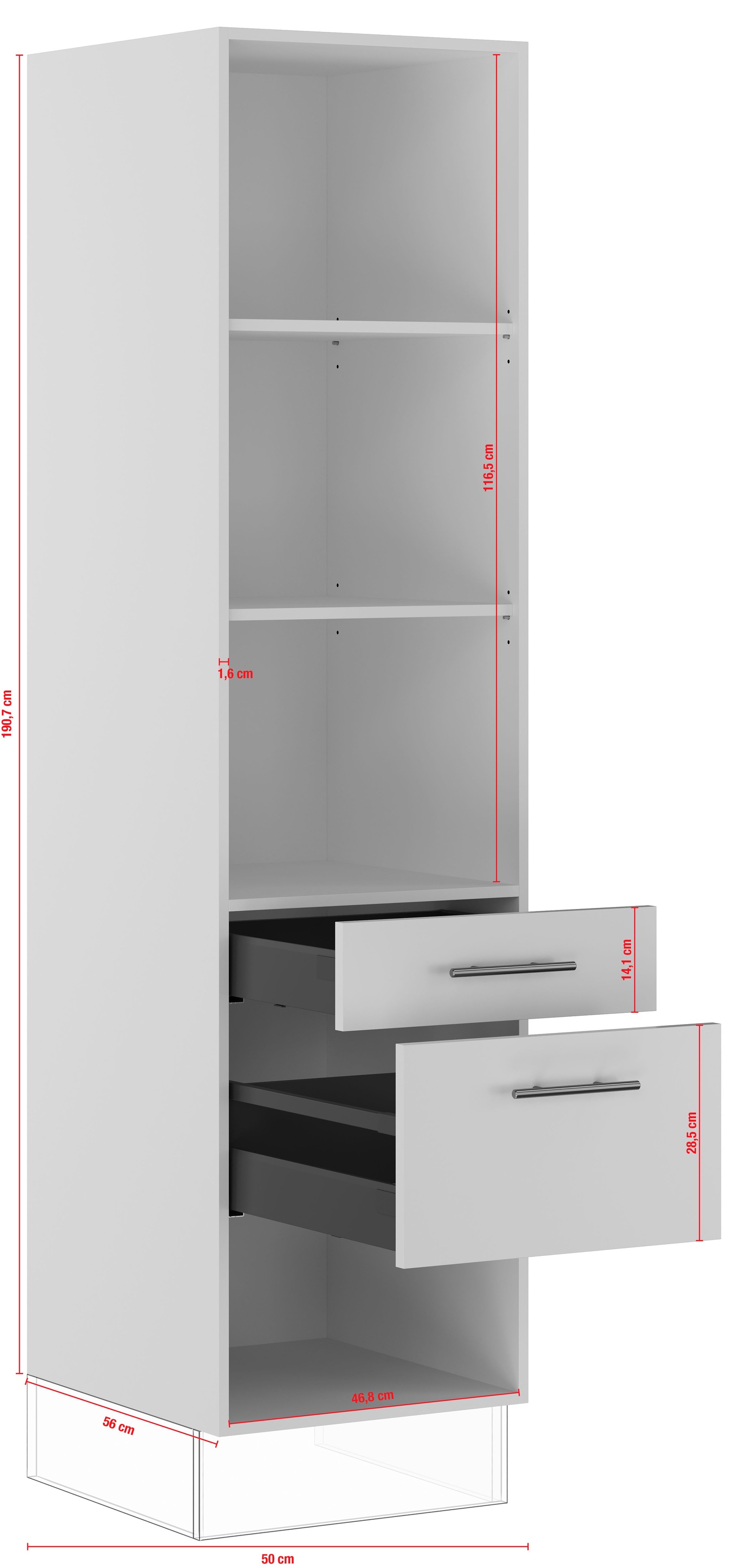 IMPULS KÜCHEN Seitenschrank »"Prag", Breite/Höhe: 50/190,7 cm, mit Soft-Close«, vormontiert, mit Schubkasten, mit Auszug, mit verstellbaren Fachböden