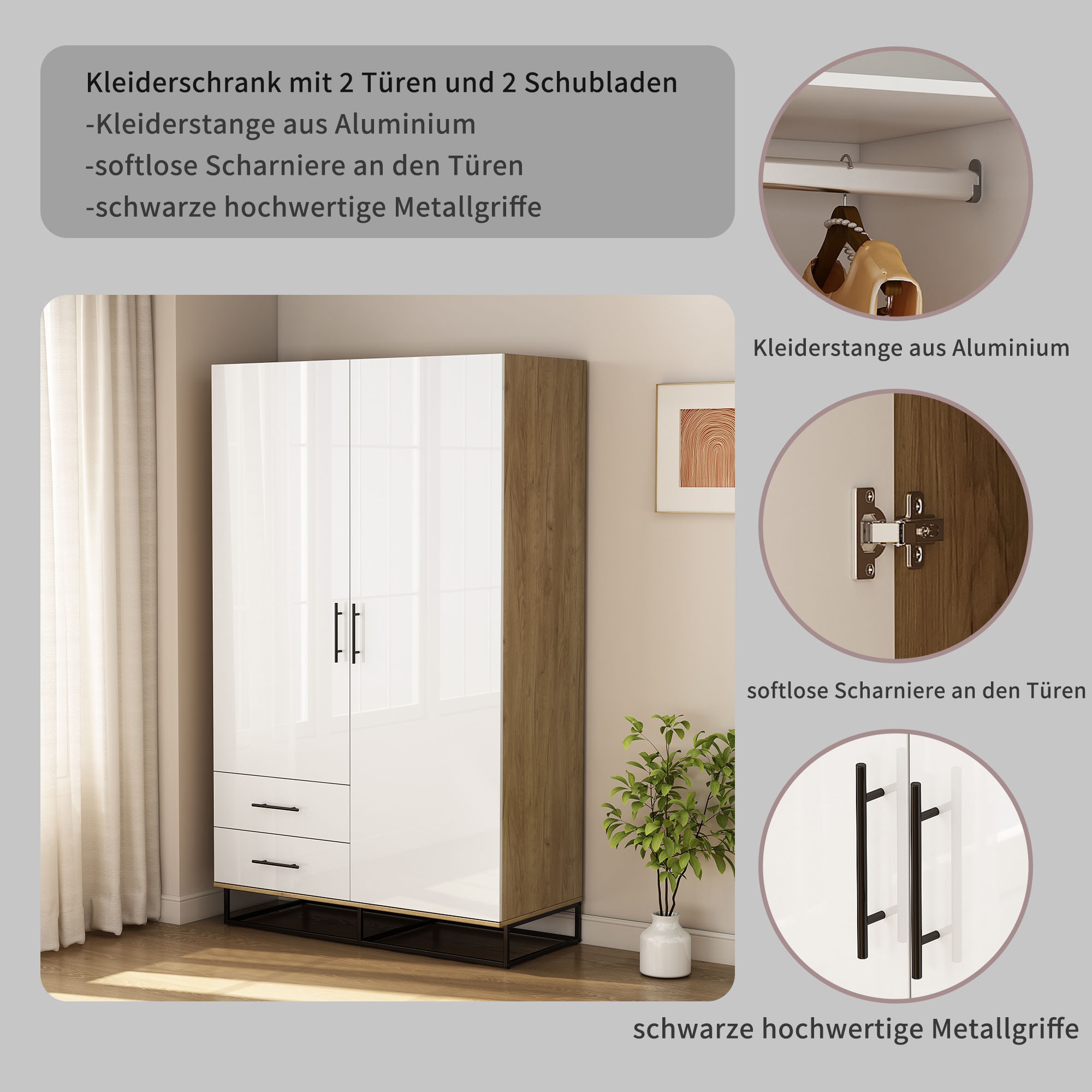 OTTO home Kleiderschrank »Lucca Schlafzimmerschrank Garderobe Hochglanz Bestseller« Hochwertige schwarze Griffe und Kufengestell aus Metall,  Schlafzimmerschrank mit 2 Türen und 2 Schubladen, Breite 120cm