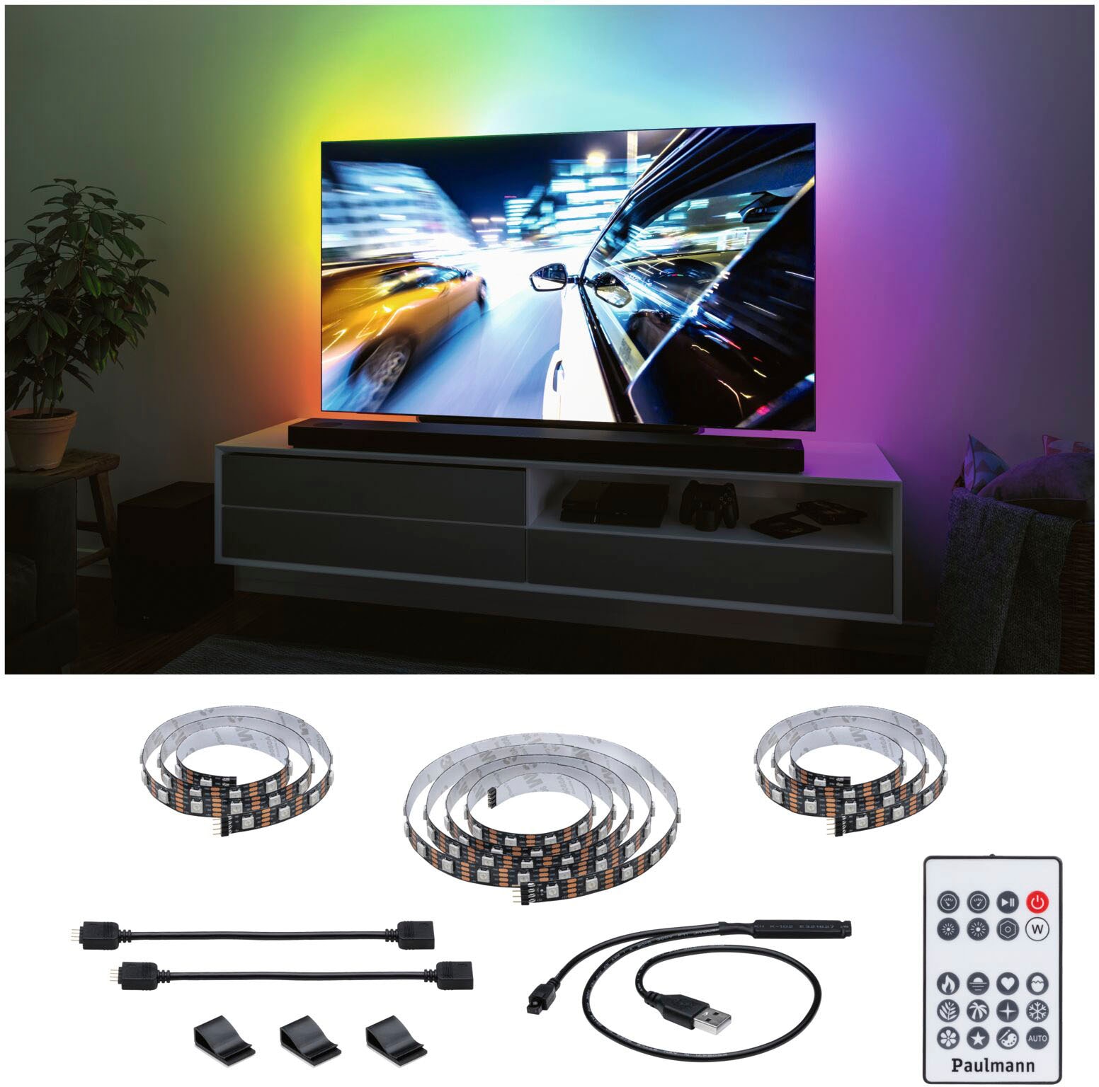 Paulmann LED-Streifen »USB LED Strip TV-Beleuchtung 65 Zoll 2,4m Dynamic Rainbow RGB 4W«, 1 St.-flammig