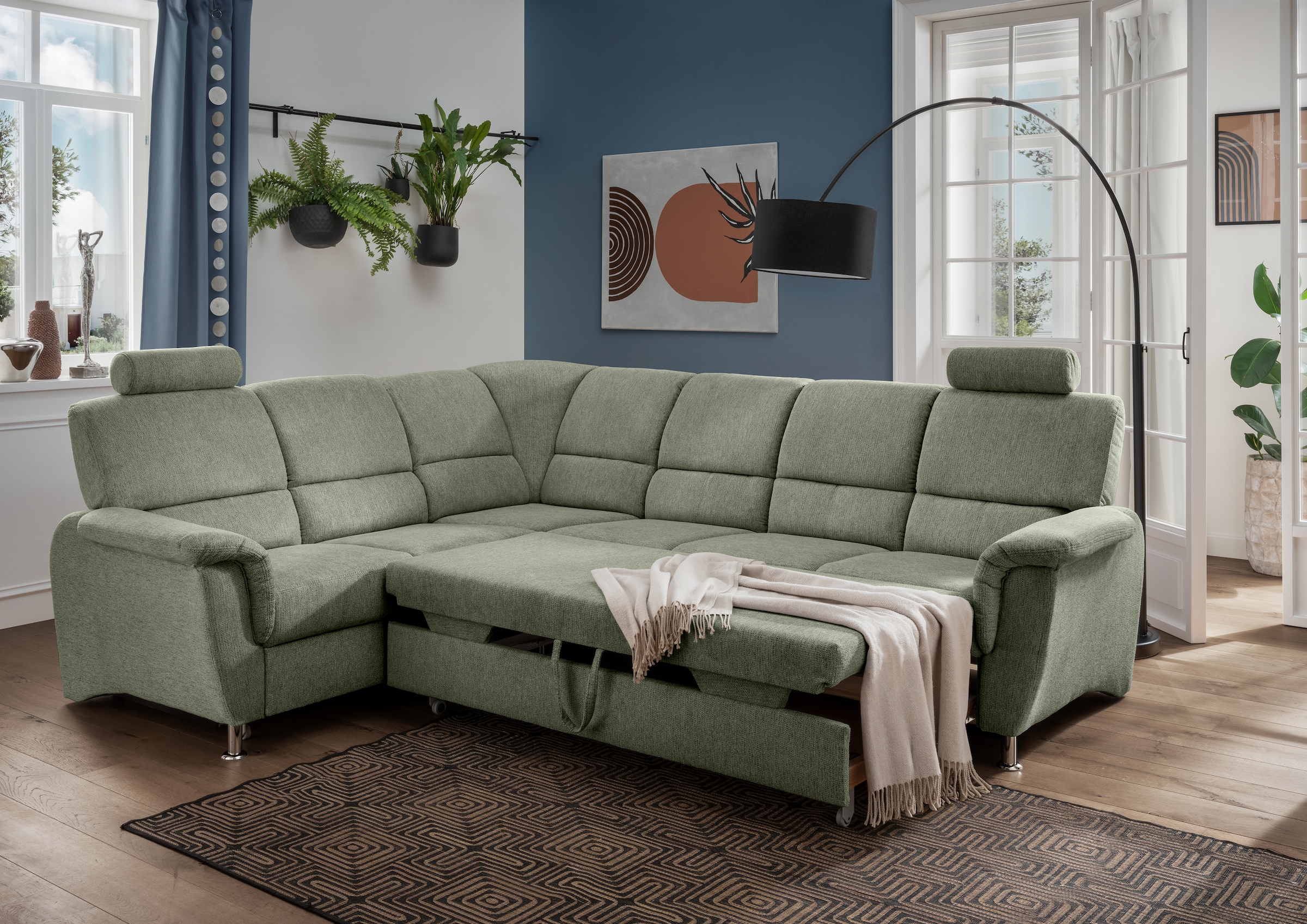 Home affaire Ecksofa »Pisa L-Form, mit Schlaffunktion, Stauraum, 2x höhenverstellbare«, Kopfstützen und Relaxfunktion im Eckelement