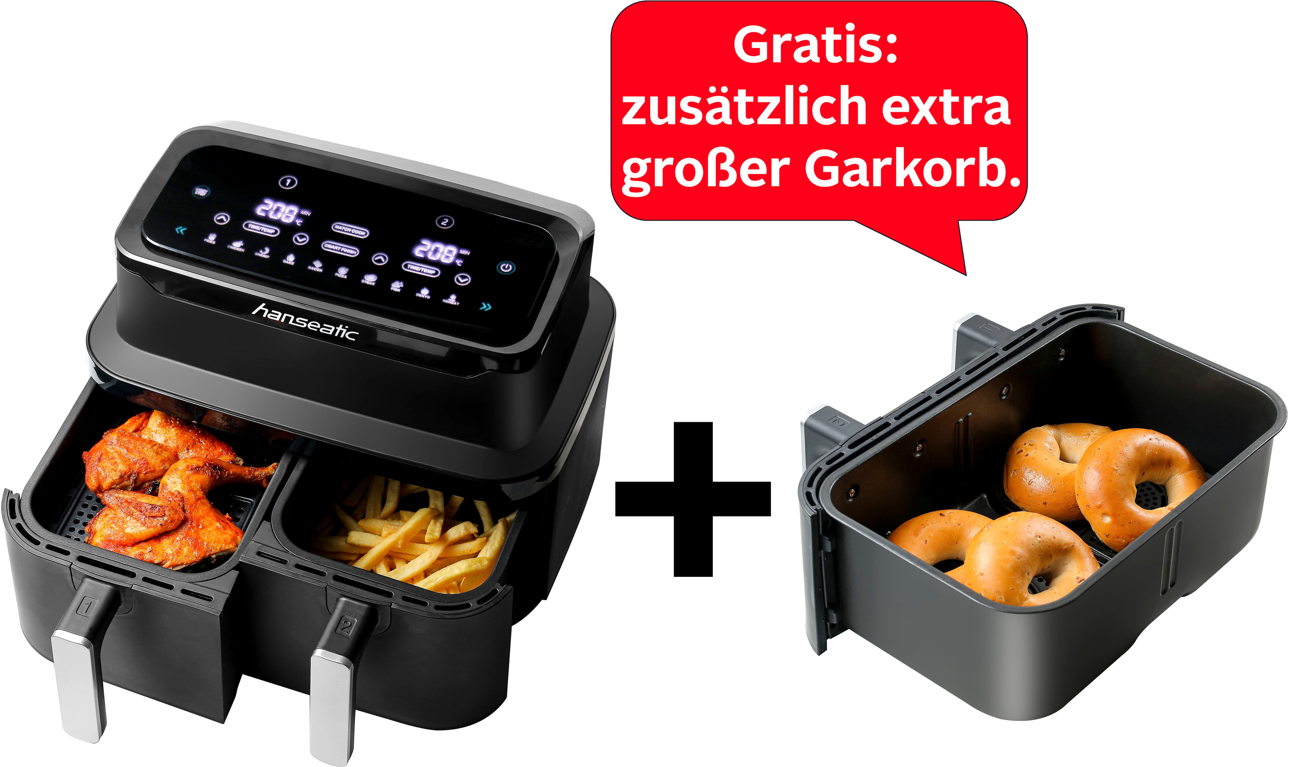 Hanseatic Heißluftfritteuse »HAF212600D 39156050 2in1« 2600 W XXL-Volumen 9L mit Dörrfunktion, 2 Einschüben und Touchdisplay. in schwarz