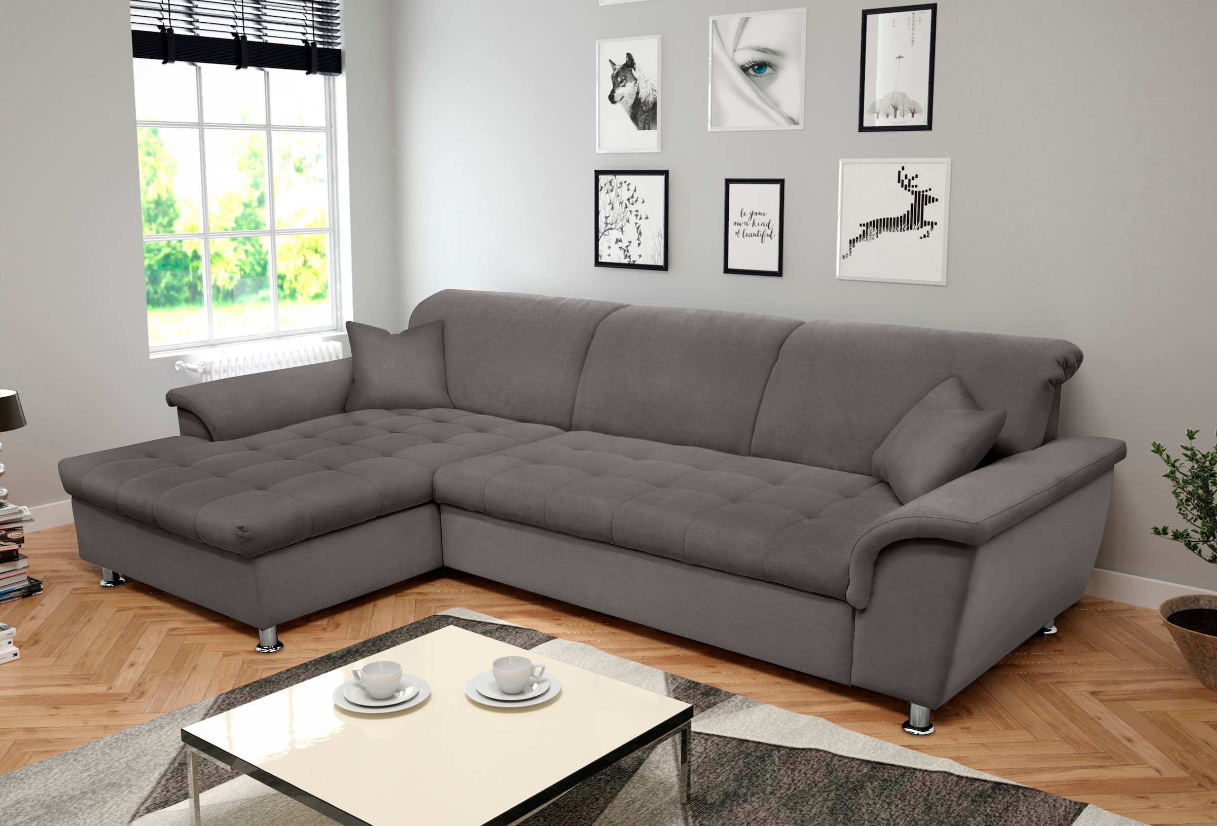 DOMO collection Ecksofa »Franzi B/T: 278/162 cm, L-Form, belastbar bis 140kg/ Sitz«, Flachgewebe, grau