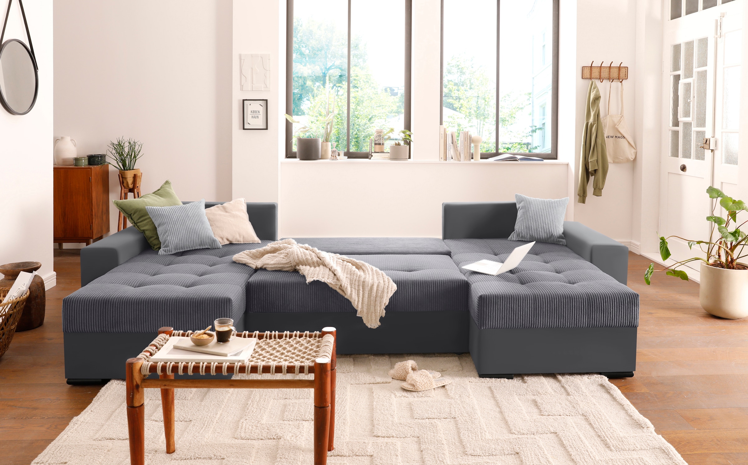 COLLECTION AB Wohnlandschaft »XL-Josy U-Form, Breite 313 cm, Cord-/Mix«, inkl. Bettfunktion, Bettkasten, mit 4 gleich großen Rückenkissen