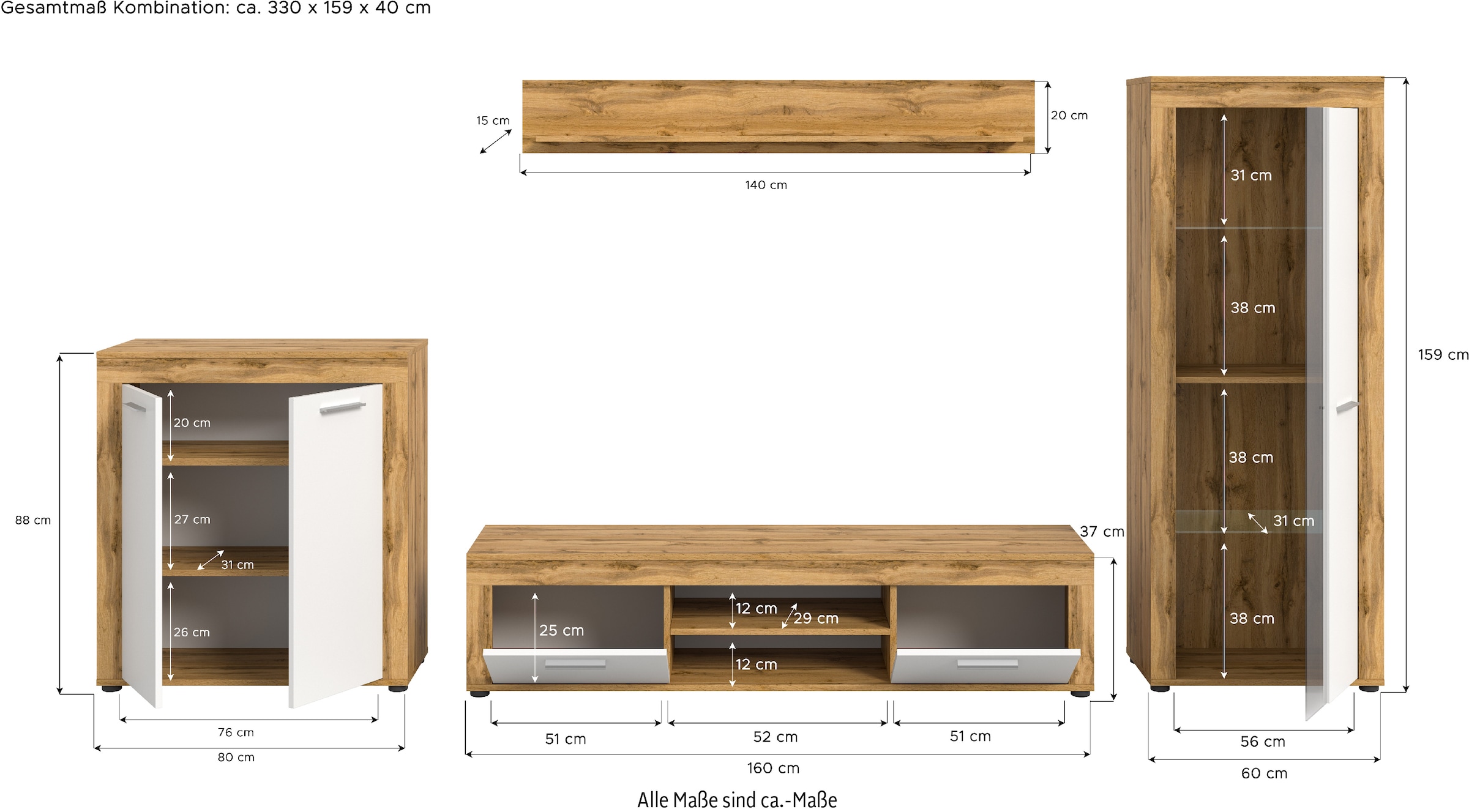 INOSIGN Wohnzimmer-Set »Aosta, Breite 330cm, best. aus Highboard, Lowboard, Wandboard, Vitrine«, (4 St.), Wohnwand, Kombination, Anbauwand, Möbel Set, Schrankwand, Möbel Kombi