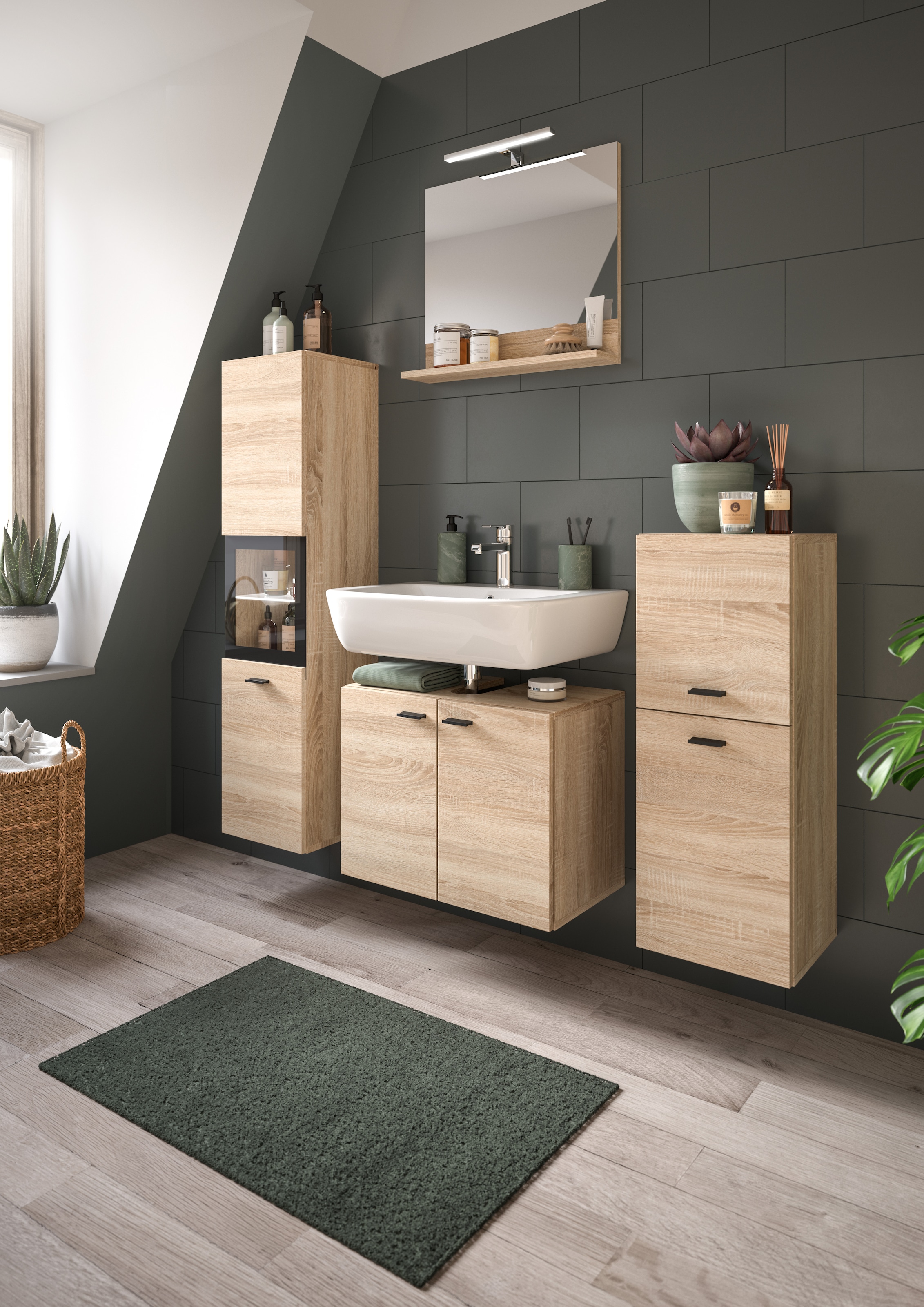 welltime Badmöbel-Set »Tampa, Breite 137cm, 4-teilig«, (4 St.), Waschbeckenunterschrank, Spiegel, Hochschrank, Midischrank