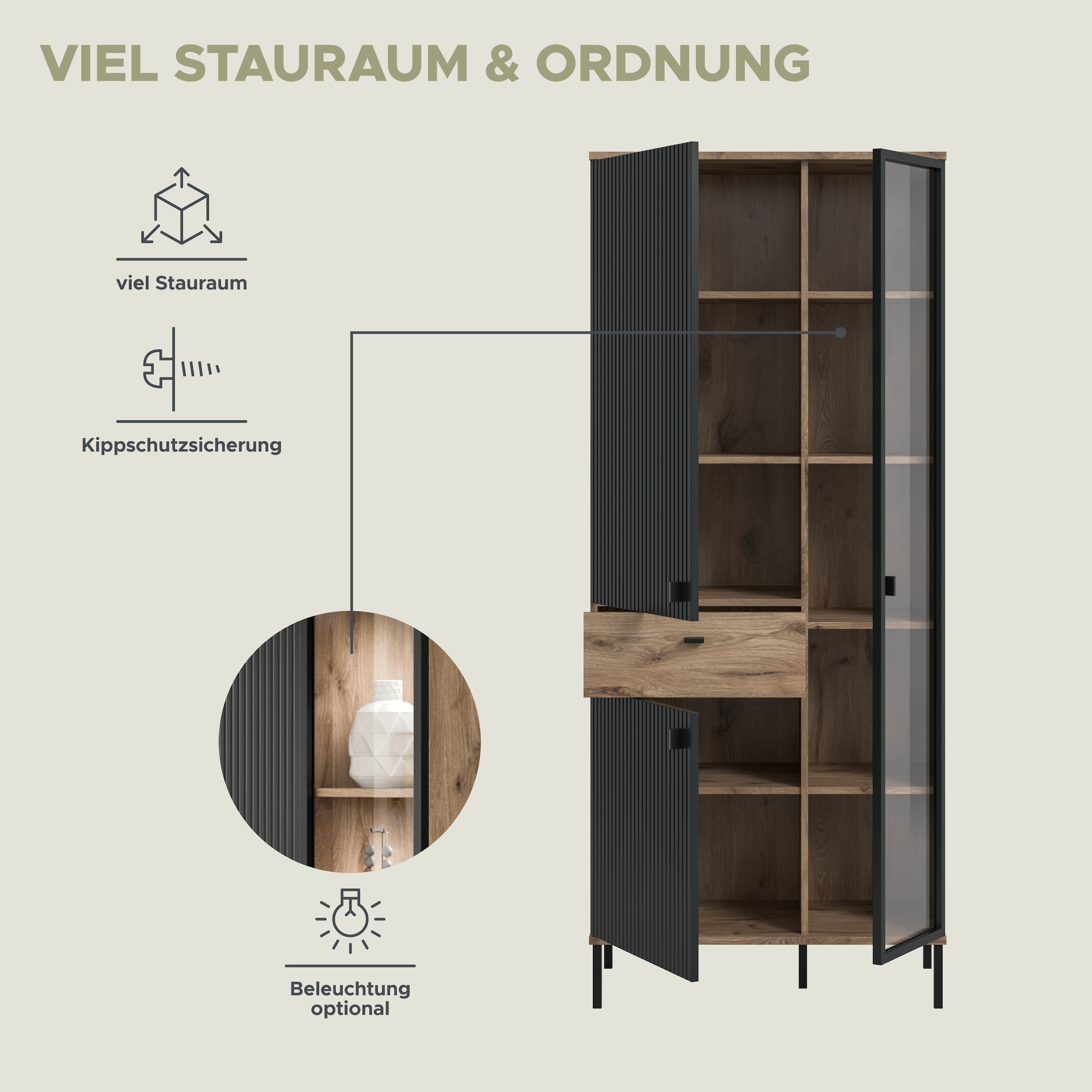INOSIGN Stauraumvitrine »TREVERK, Breite 83 cm, hochwertige MDF-Front schwarz tiefzieh« 1 Stk. tlg. Stauraumvitrine, Vitrine, Wohnzimmer