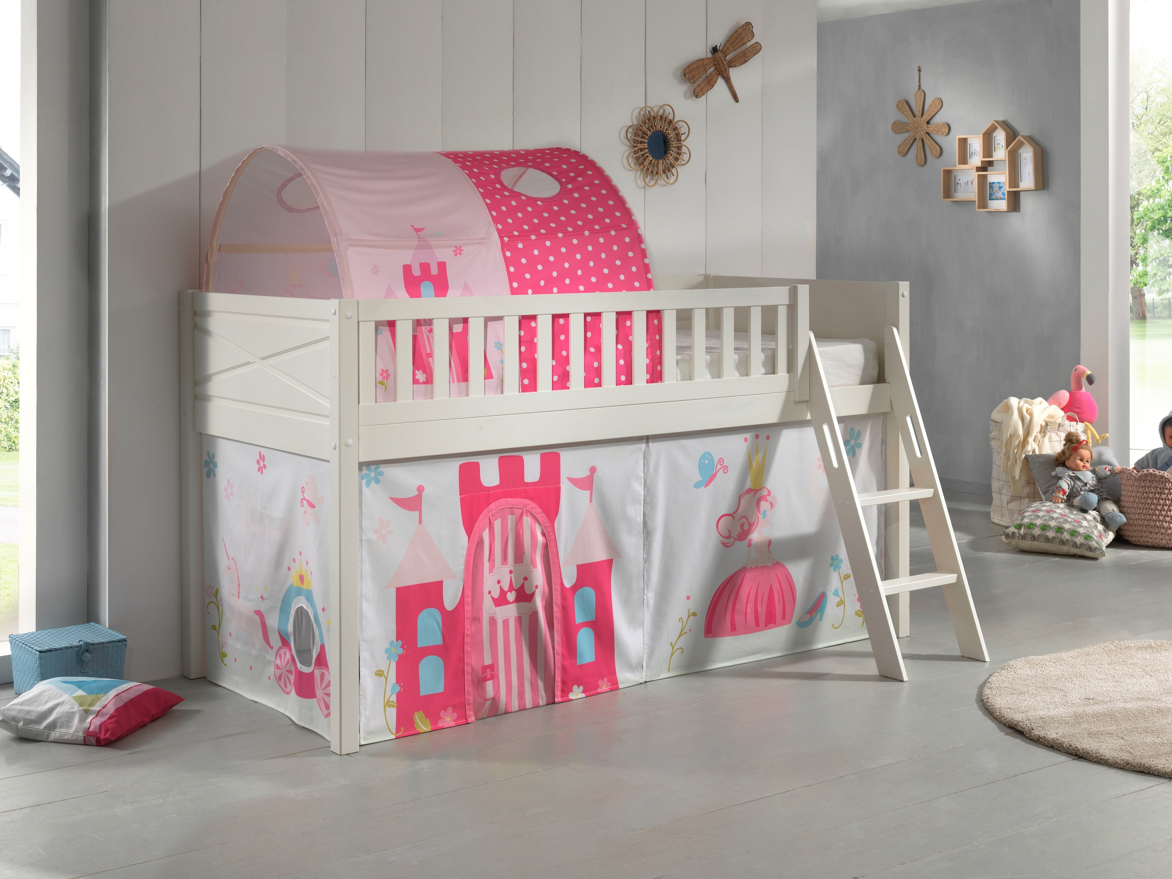 Vipack Hochbett »Scott« Made in Europe,  mit schräger Leiter, LF 90x200 cm, Vorhang, Tunnel, 4 Designs