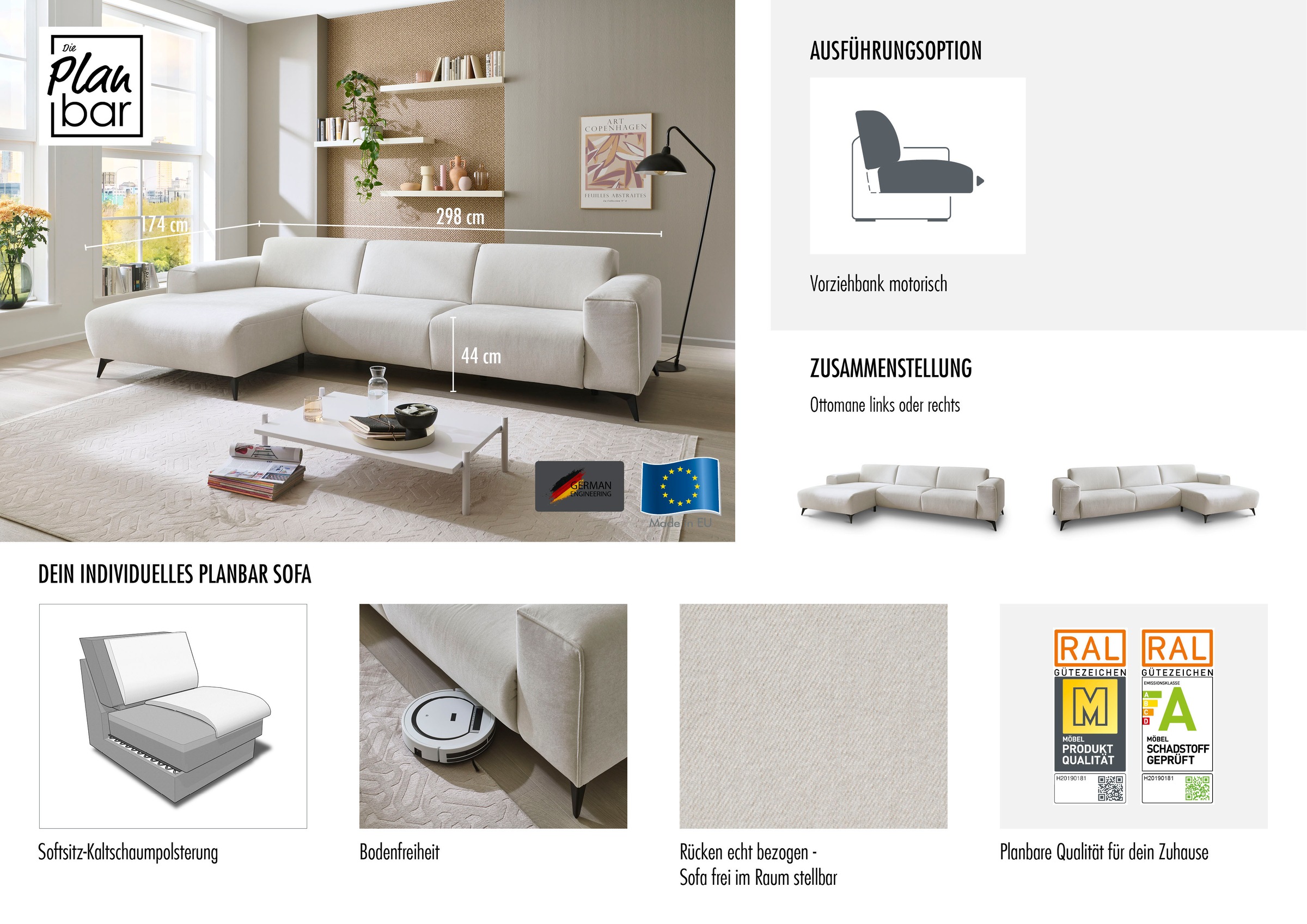 Die PlanBar Ecksofa »MP-IN24031« SoftSitz-Kaltschaumpolsterung, wahlweise mit motorischer Vorziehbank