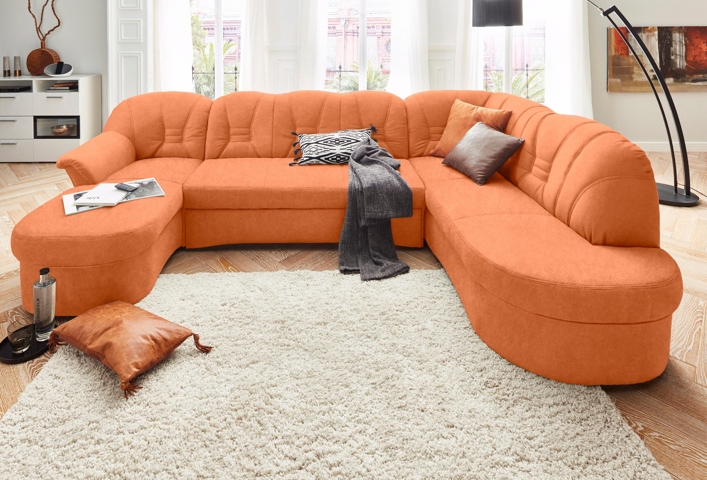 DOMO collection Wohnlandschaft »Elva, zeitloses Design, elegante Rückensteppung, Breite 293cm, U-Form« wahlweise mit Bettfunktion und Federkern