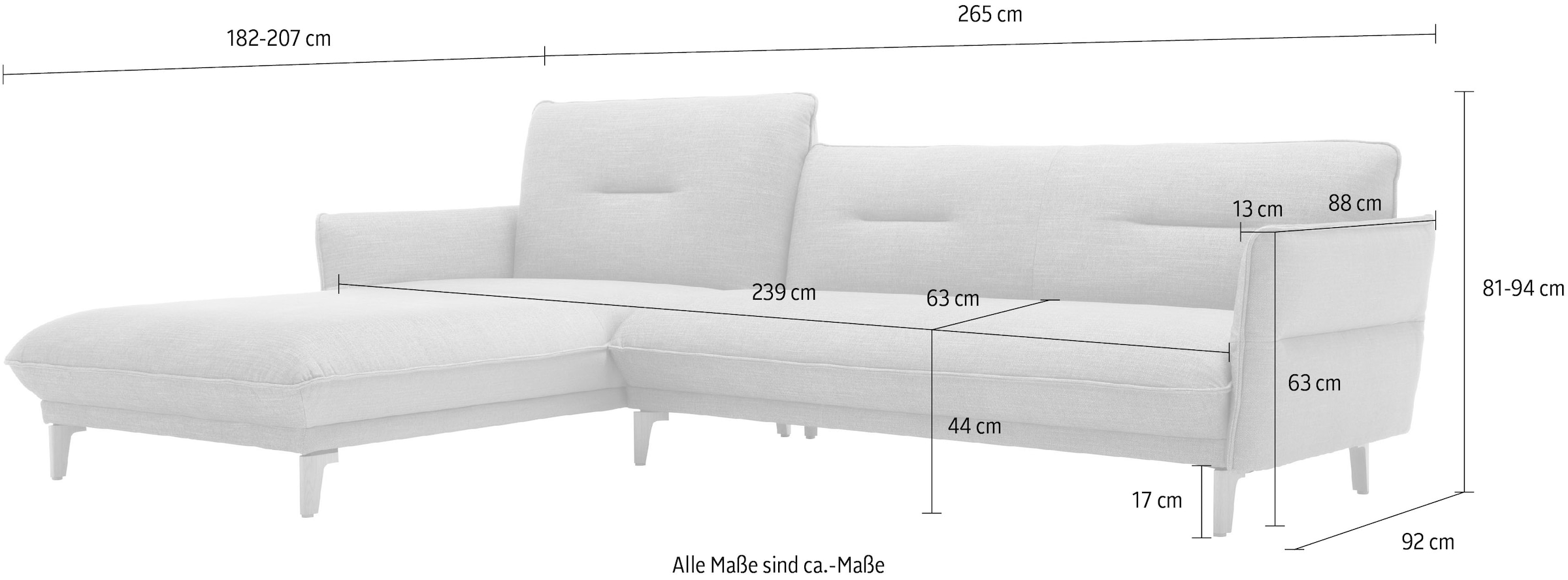 hülsta sofa Ecksofa »hs.430«, Recamiere hoher Rücken mit Neigefunktion, Breite 265 cm
