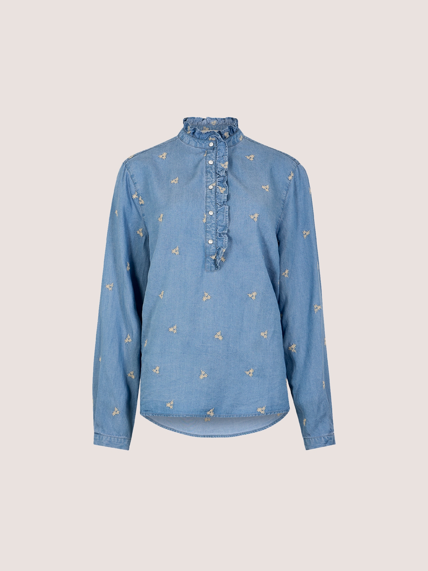 Apricot Rüschenbluse »Denim-Bluse mit zierlicher Blumenstickerei« mit Rüschendetails