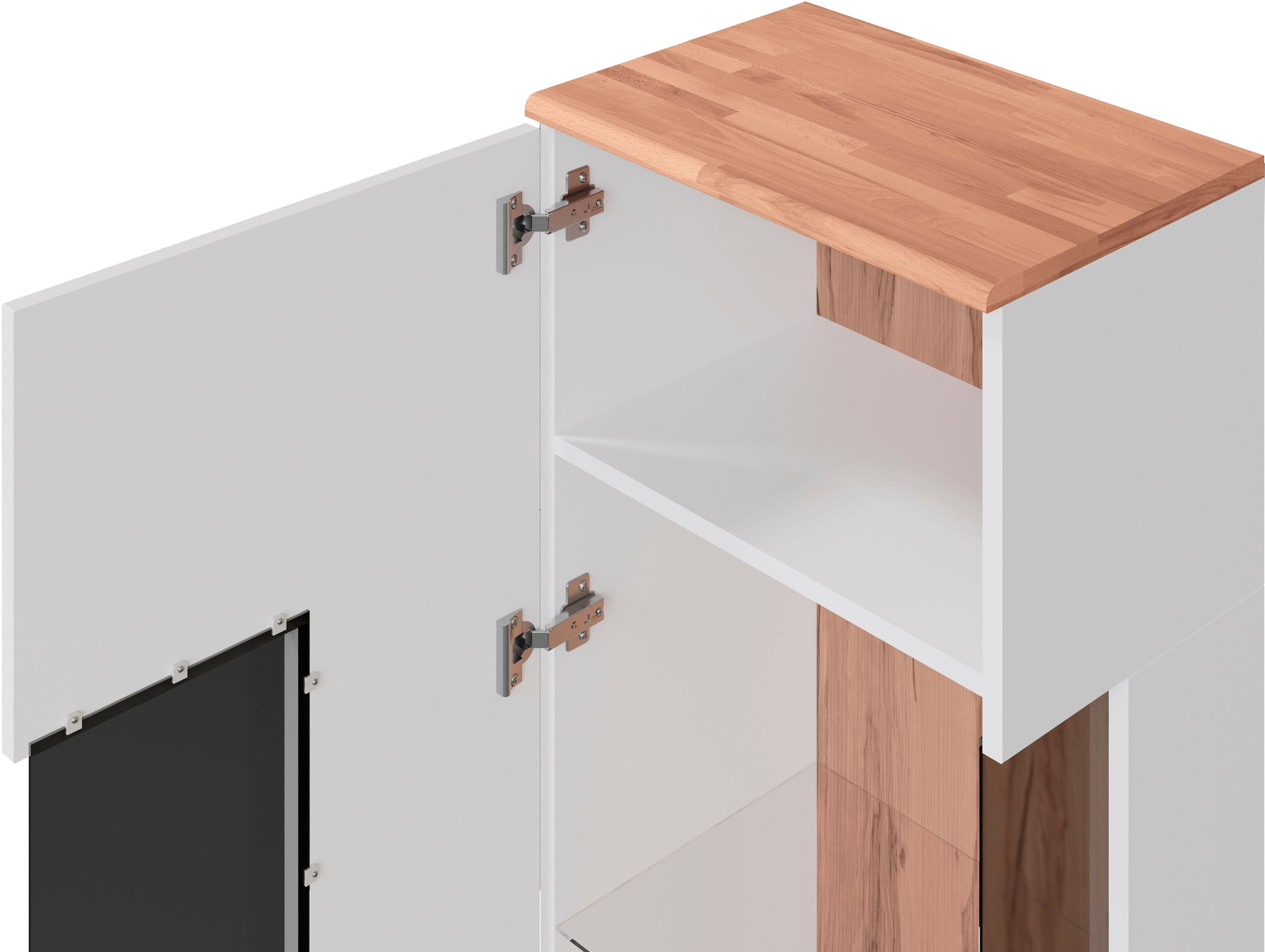 Home affaire Vitrine »Ribe,180cm hoch,5 Fächer,2 Glasböden variabel einsetzbar«, Oberplatte Kernbuche massiv,dunkles Glas, schwarze Metall Griffe
