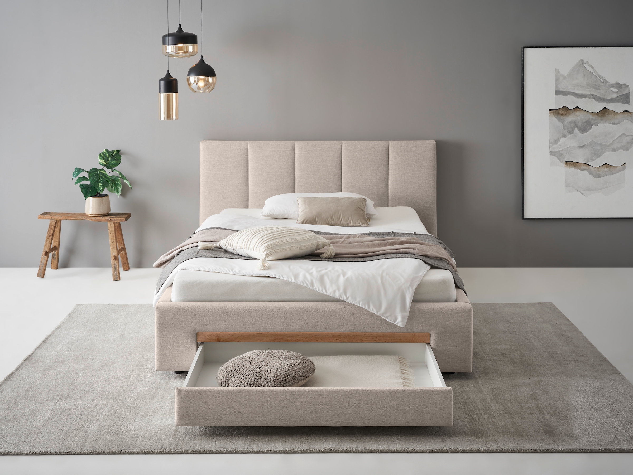 INOSIGN Polsterbett »CiTY/GiRON, Bettgestell mit Bettkasten, gepolstertes Stauraumbett«, mit Hundebett oder Stauraumschublade, Bezug Cord-oder Leinenoptik