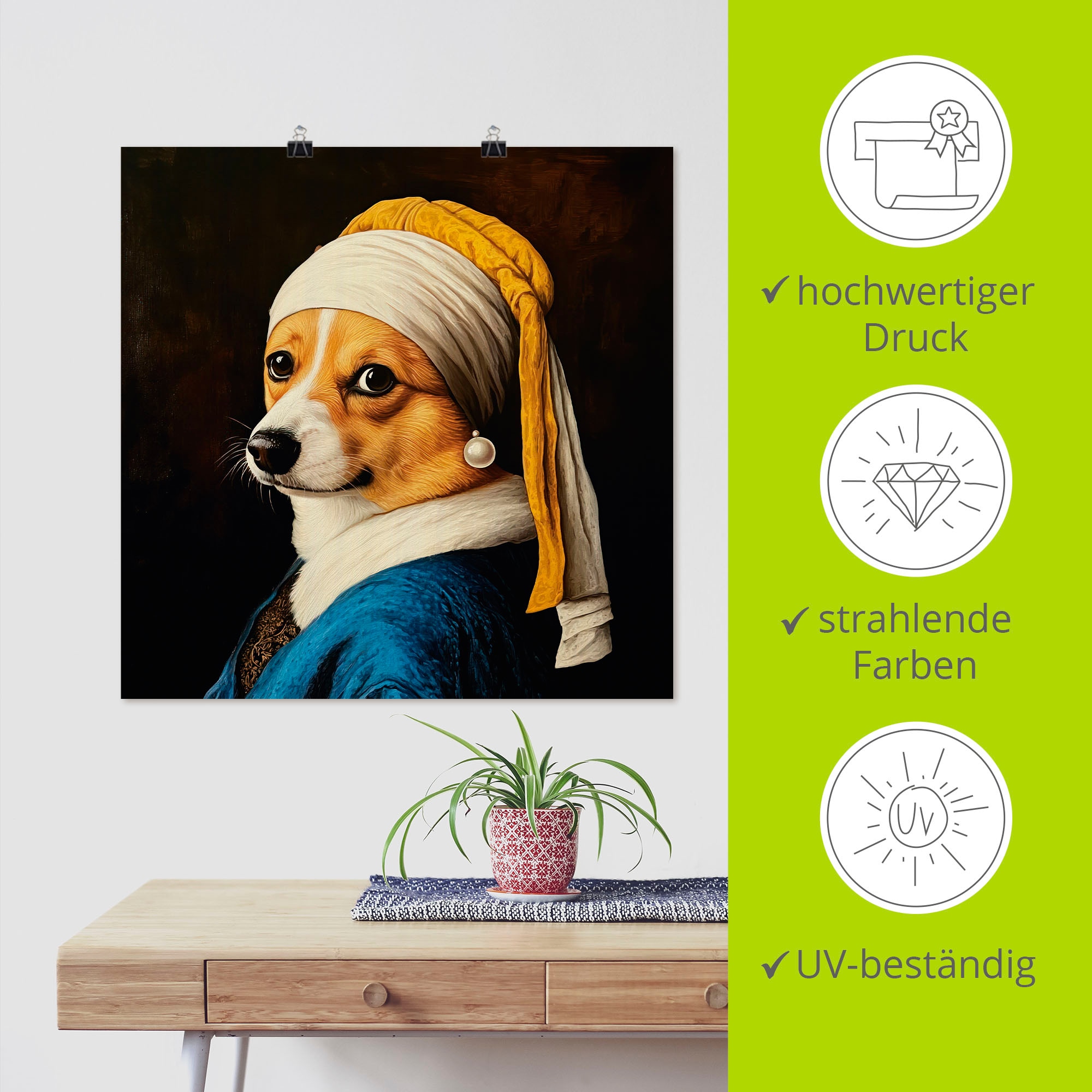 Artland Wandbild »Der Corgi mit dem Perlenohrring« Animal Fantasy 1 Stk. tlg. als Alubild, Leinwandbild, Poster, Wandaufkleber in verschied. Größen