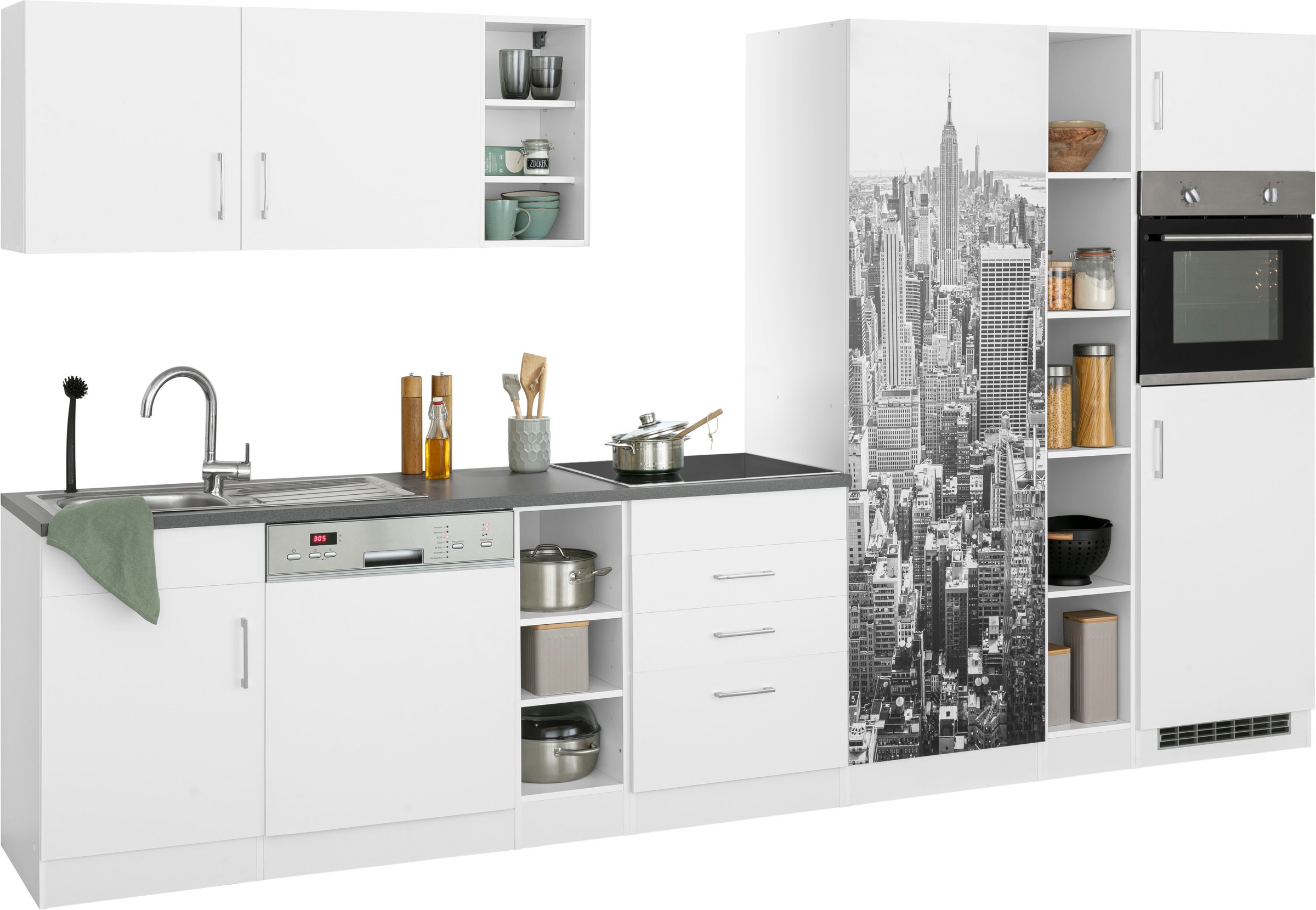 KOCHSTATION Küchenzeile »KS-Paris – Küchen mit einzigartigen Fotomotiven auf den Fronten« Breite 350 cm, wahlweise mit E-Geräten und Induktion