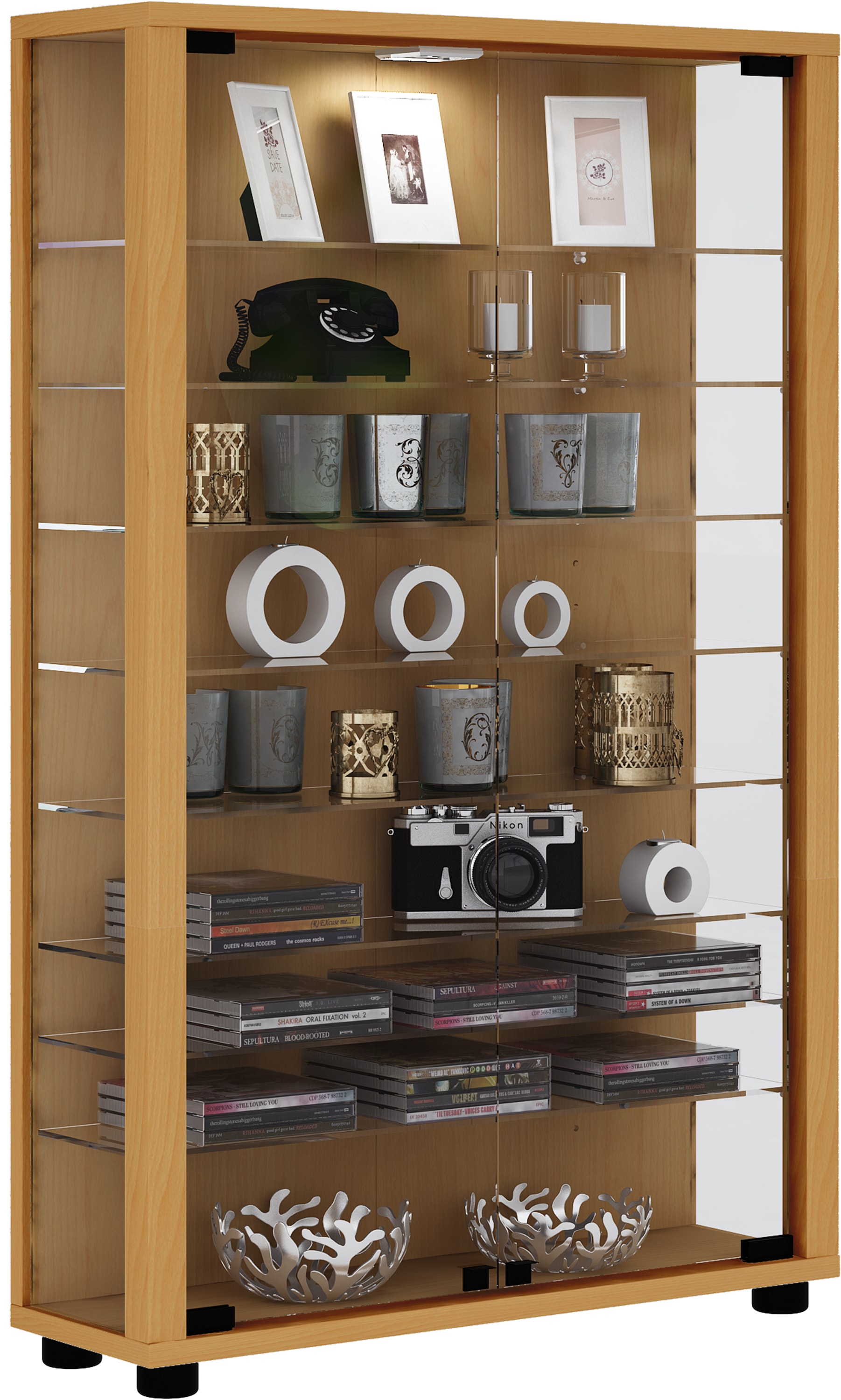 VCM Vitrine »VCM Glasvitrine stehend | Vitrine Glas mit ESG-Sicherheitsglas | Maße ca. H. 90 x B. 59 x T. 18 cm | Standvitrine Glas | Modern und platzsparend | Glas Vitrinenschrank ¿ Lumo Mini«, (1 St.)