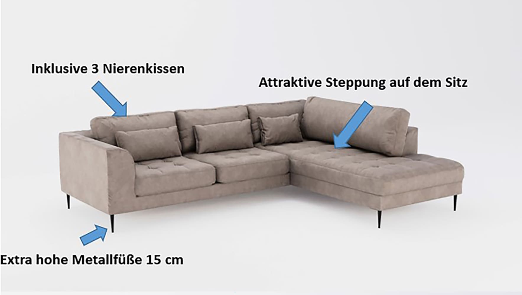 TRENDMANUFAKTUR Ecksofa »Luzi, wahlweise mit Schlaffunktion und Bettkasten, gemütlich, L-Form«, Designsofa mit Ottomane, Metallfüße schwarz, Breite 264 cm