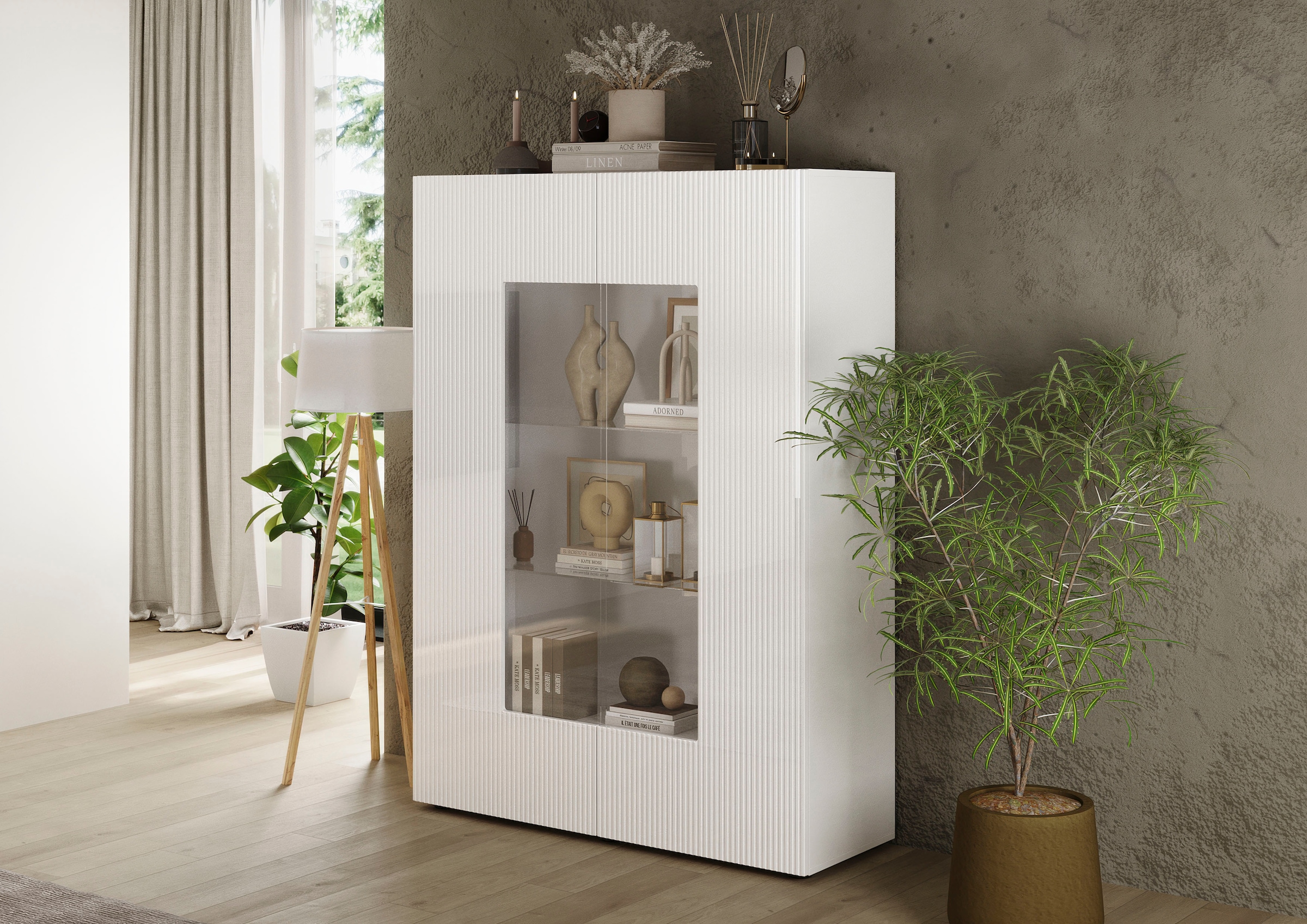 INOSIGN Vitrine »RIO, Höhe 166 cm, Hochschrank mit 2 Türen, Anrichte, Standvitrine«, Vitrinenschrank, geriffelte MDF-Fronten, modern, elegant, geräumig
