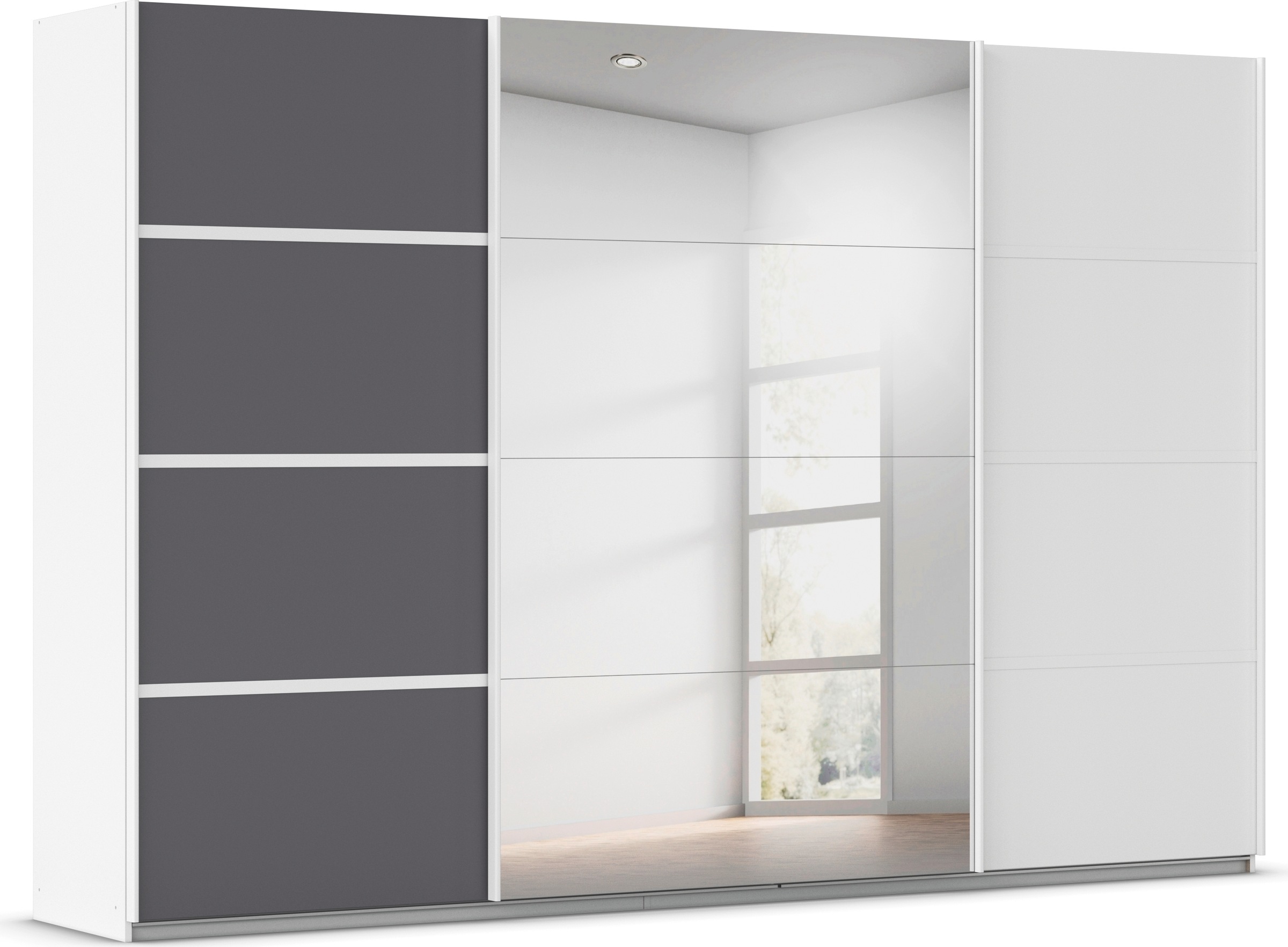 rauch Kleiderschrank »Schwebetürenschrank OTTO´s Choice Garderobe Schrank TOP ANGEBOT Avola«, (in 3 verschiedenen Ausstattungen BASIC/CLASSIC/PREMIUM inkl. Spiegel), mit eleganten Zierleisten in Chrom, Schwarz oder Weiß MADE IN GERMANY