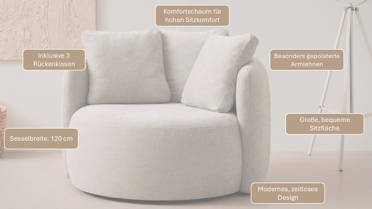 OTTO home Sessel »Kaarl, moderner Rundsessel, Loungesessel, Loveseat« Webstoff, in fünf Farben, inkl. Rückenkissen, zeitloses Design