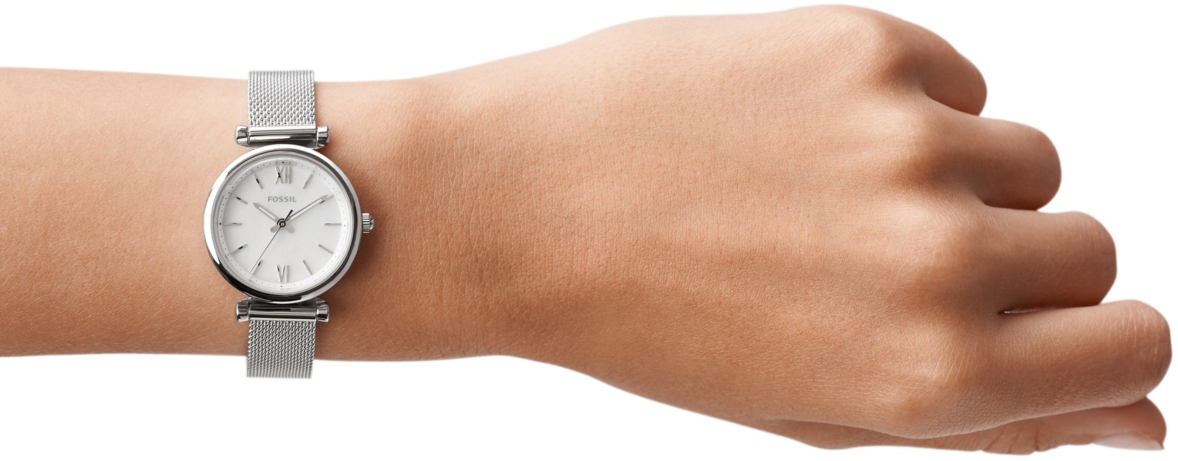 Fossil Quarzuhr »CARLIE MINI«, Armbanduhr, Damenuhr, Perlmutt-Zifferblatt, Edelstahlarmband