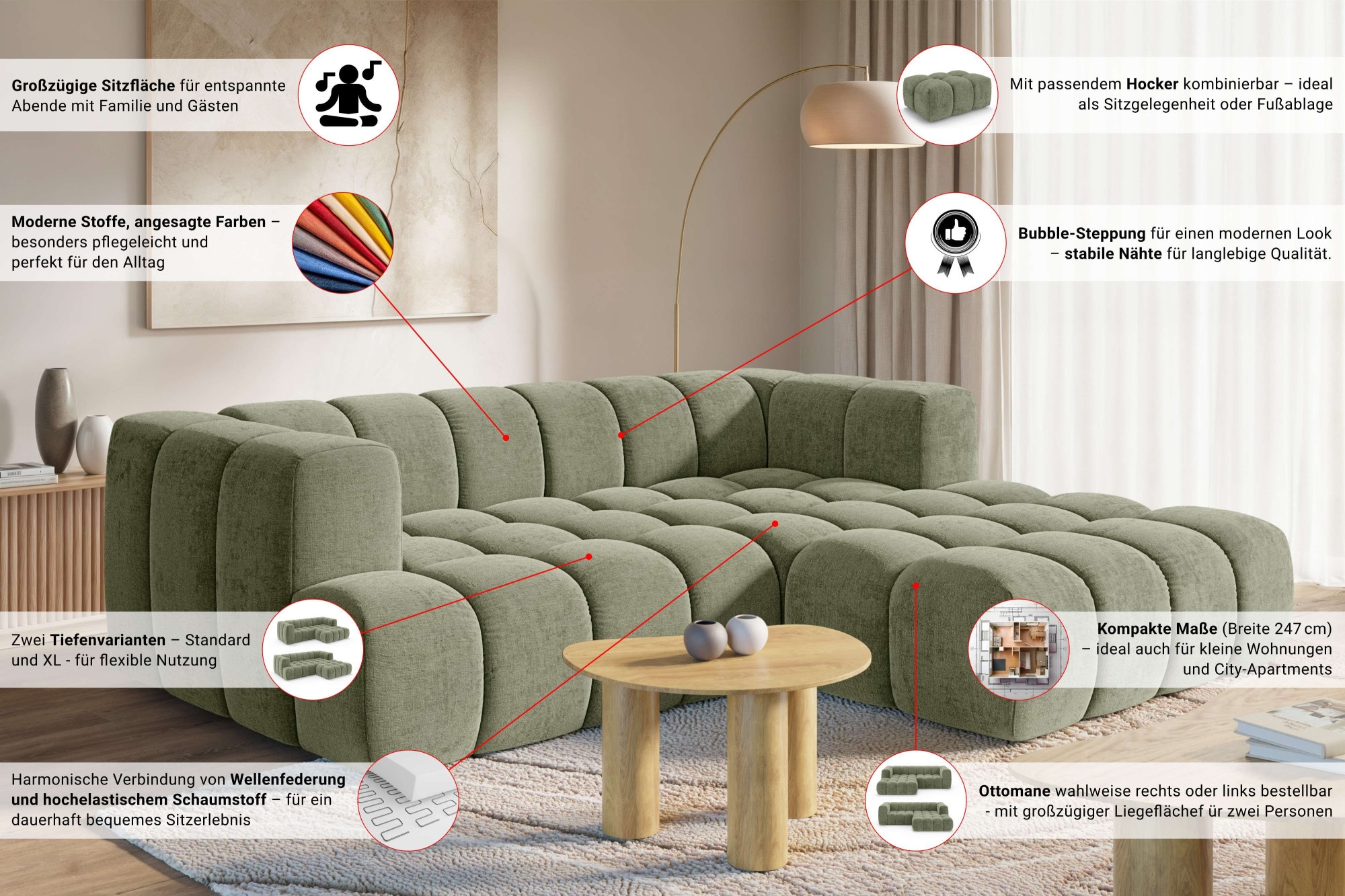 homsy by Ana Johnson Ecksofa »XL BOUBELLE L-Form extra tief, Design-Sofa, Bubble-Optik, Breite 247cm« hoher Sitzkomfort dank Wellenunterfederung, modern, mit Steppung