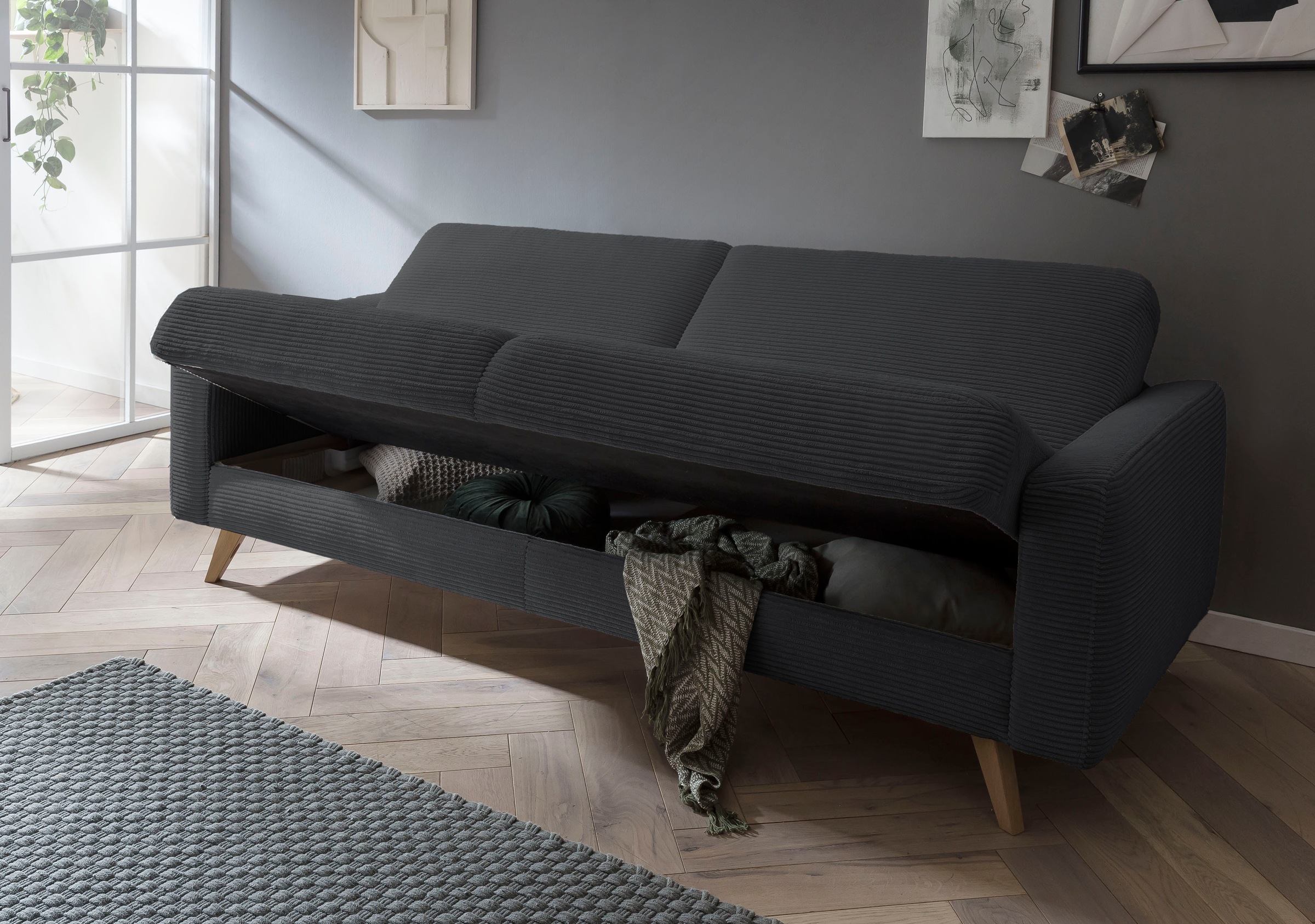 exxpo - sofa fashion 3-Sitzer »Samso, elegant und bequem, aktueller Cord Bezug, Kippcouch«, hochwertige Verarbeitung, Schlafsofa inkl. Bettfunktion und Bettkasten