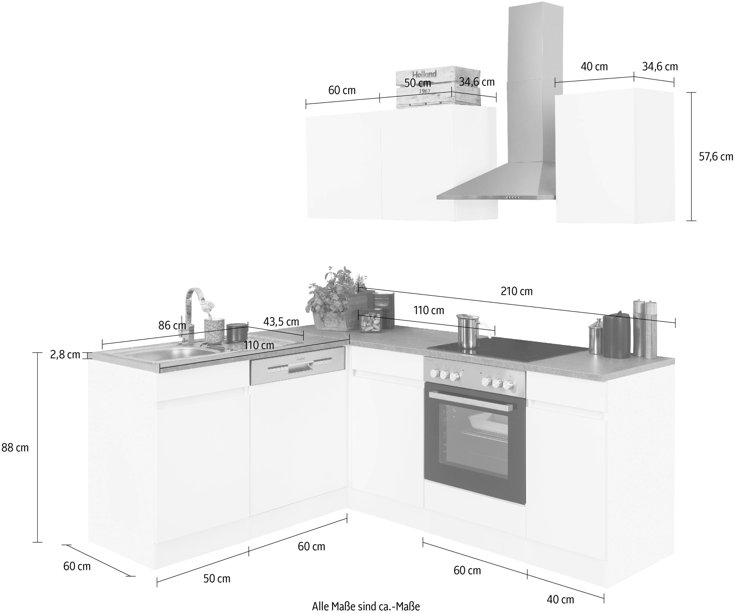 OPTIFIT Winkelküche »Roth«, Stellmaße 210x175 cm,wahlweise mit E-Geräten, Push-to-Open-Funktion