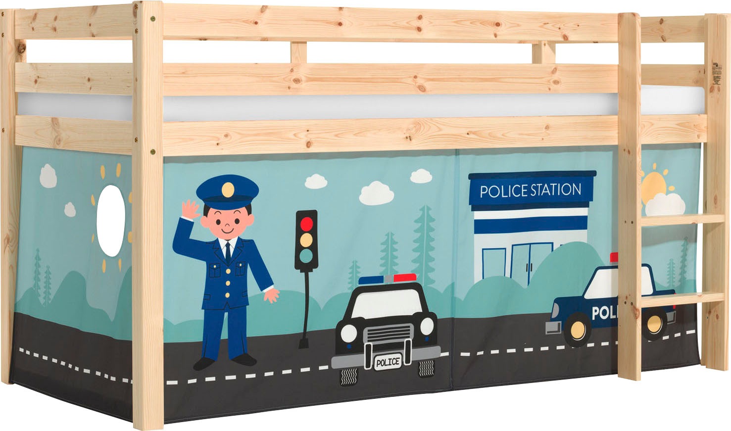 Vipack Spielbett »Pino, Kiefer massiv, mit Rolllattenrost u. Textil-Set, Made in Europe« B/H/T ca. 210x114x106cm, mit Leiter und Absturzschutz,  verschiedene Textil Dessins, 3 Gestellfarben zur Wahl