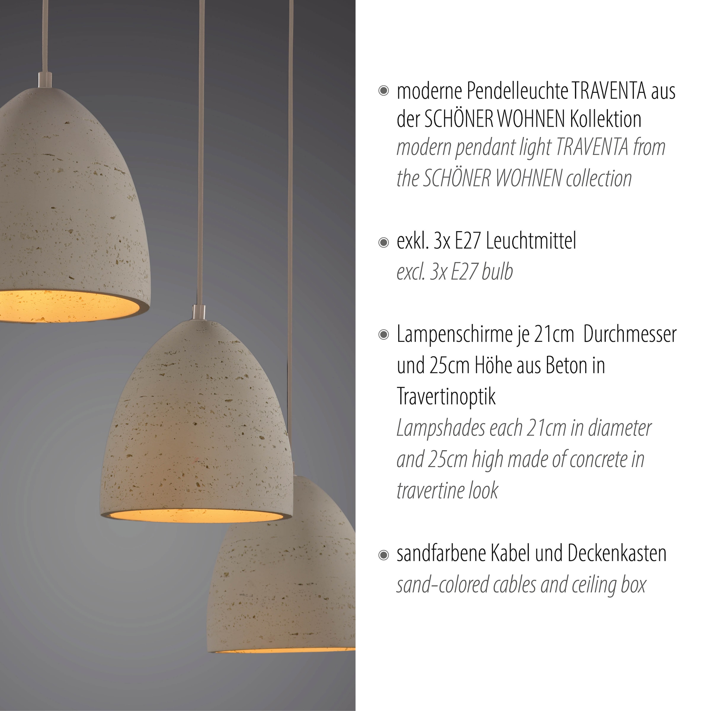 SCHÖNER WOHNEN-Kollektion LED Pendelleuchte »TRAVENTA« E27 1 Stk. SCHÖNER WOHNEN Kollektion, Travertinoptik, Downlight