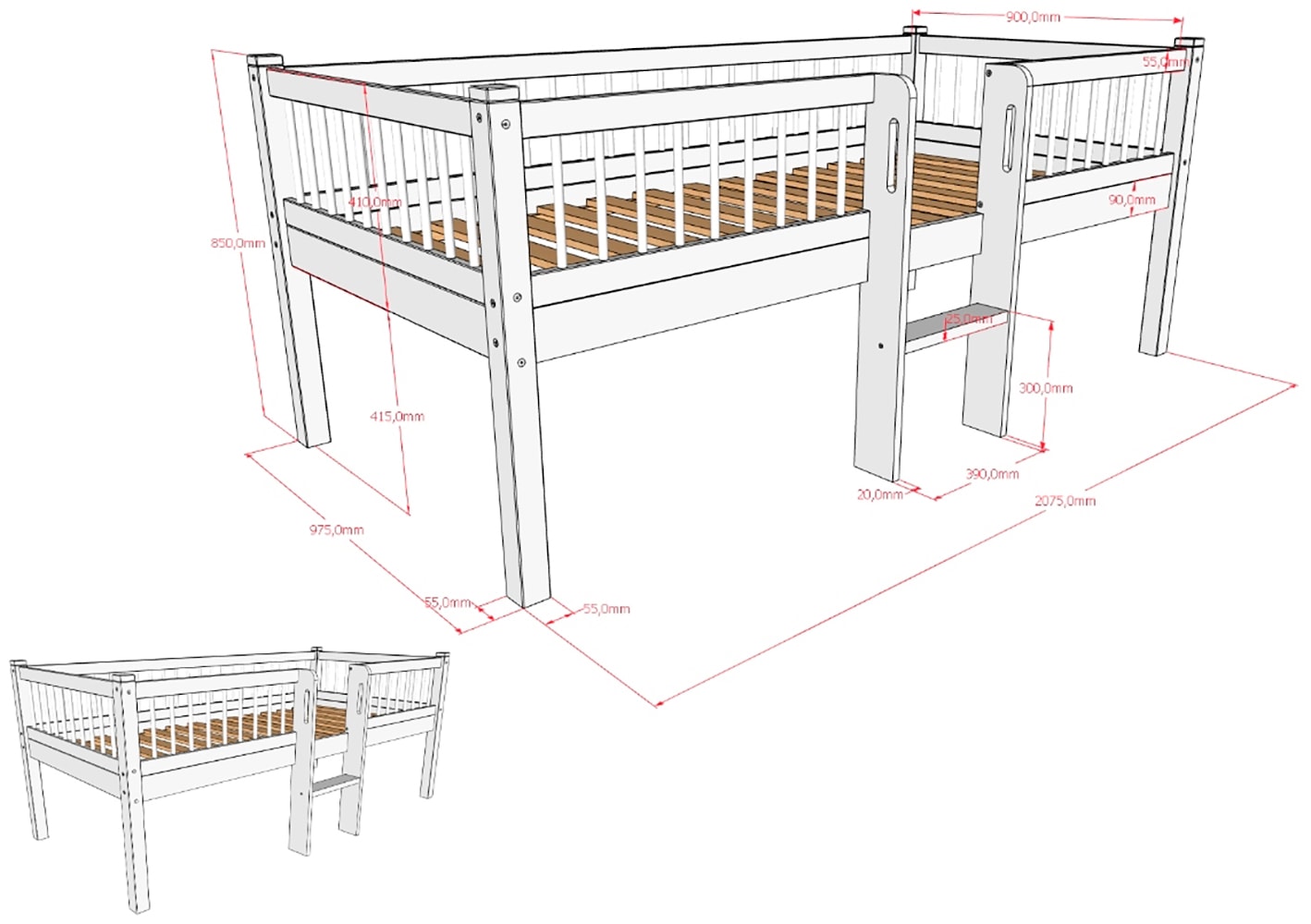 Vipack Massivholzbett »Forrest Made in Europe, stabil und hochwertig gebaut, mit 2 Rollboxen« 90/200 cm, mit Rollrost und Leiter, seitenverkehrt montierbar,  inkl. umlaufenden Absturzschutz in Sprossenoptik, Buche weiß lackiert