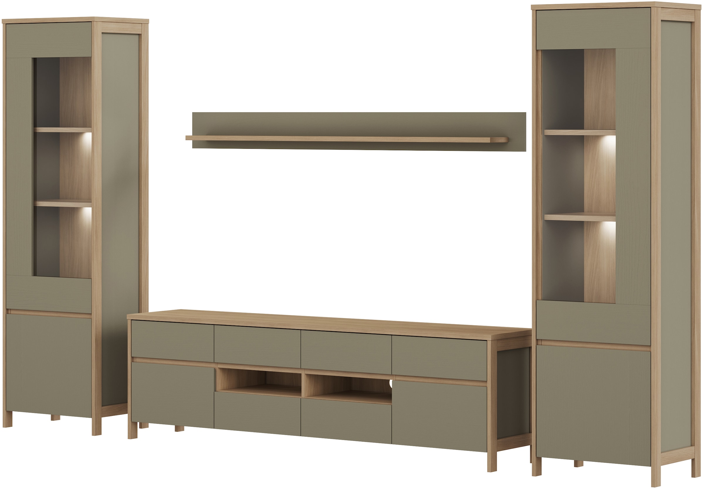 Home affaire Wohnwand »Stranda, moderne Anbauwand, Komplettset im Scandi-Style«, (4 St.), enthält zwei Vitrinen, Lowboard und Wandboard, 344 cm breit