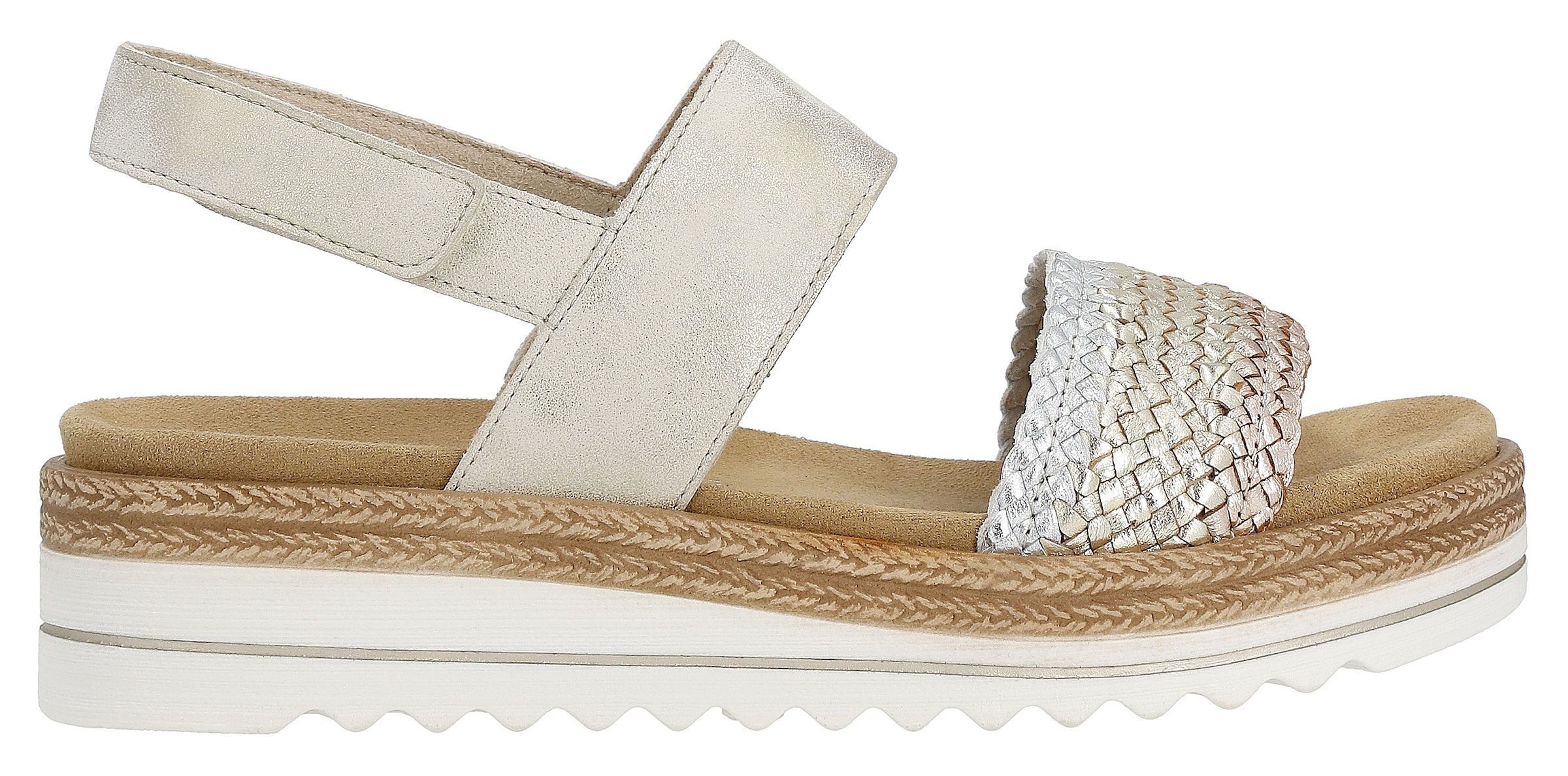 Remonte Keilsandalette »ELLE-Collection«, Sommerschuh, Sandale, Keilabsatz, mit Flechtbandage im Metalliclook